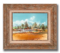 "Collecting Cattails" Original Mixed Media on Board by Tom Perkinson, Framed