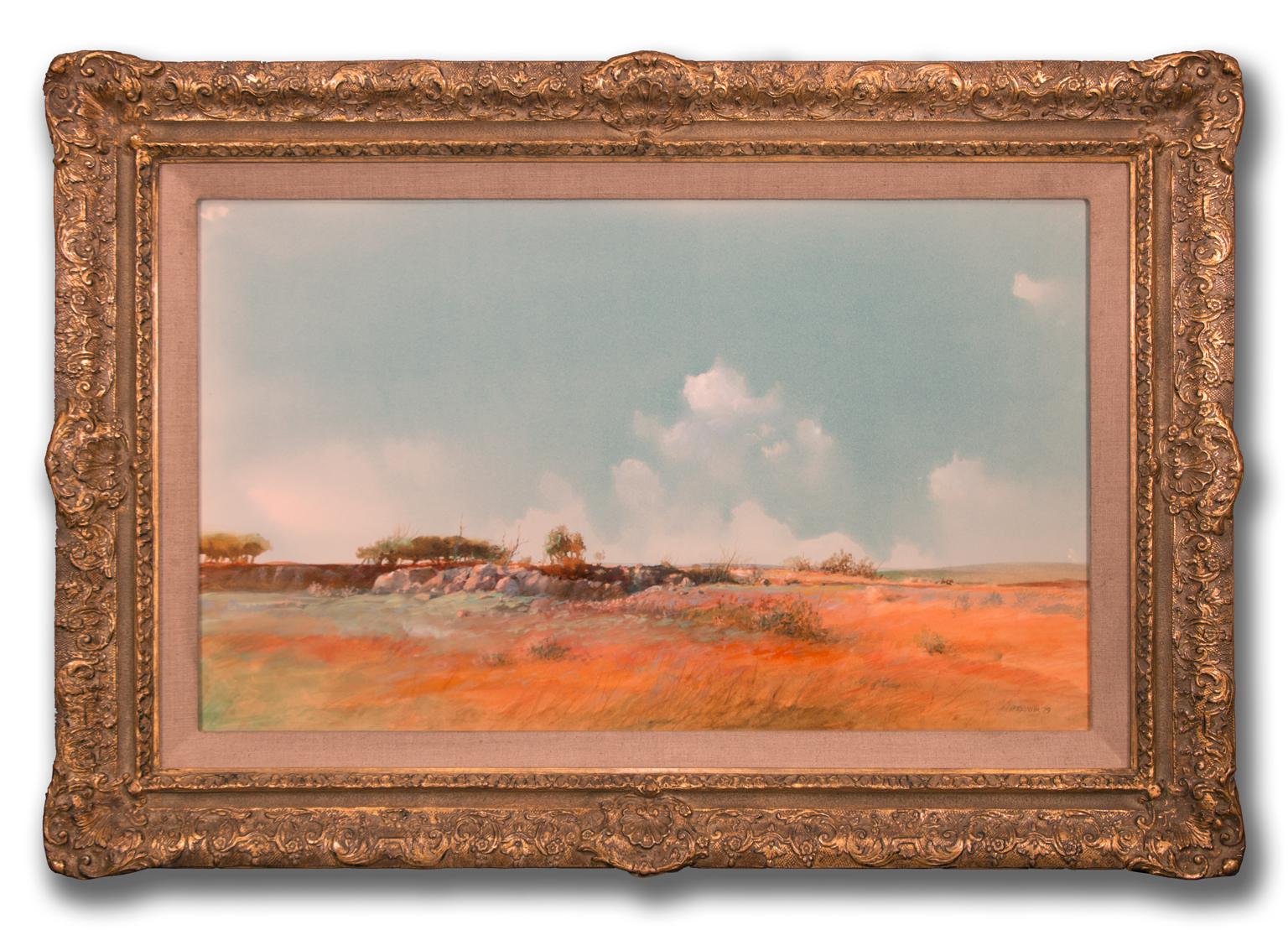 « Flat Lands » - Paysage original en technique mixte sur papier de Tom Perkinson, encadré en vente 1