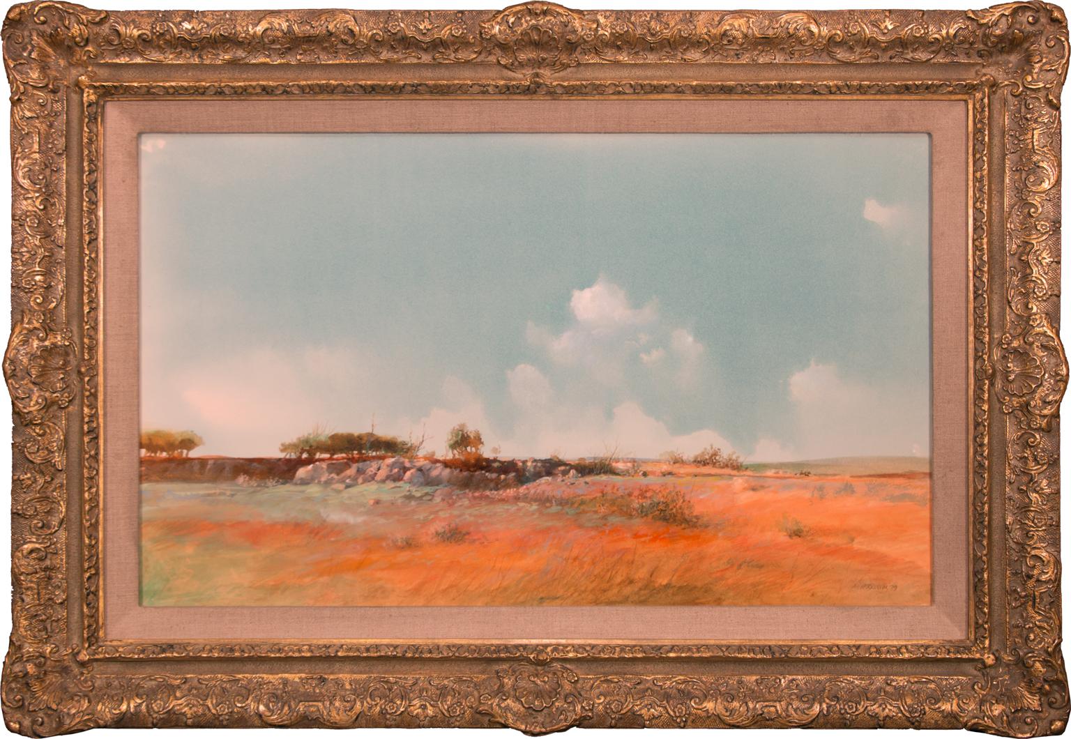 "Flat Lands" Original Landscape Mixed Media on Paper by Tom Perkinson, Framed