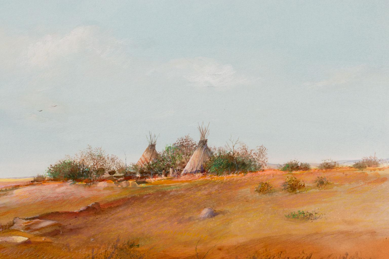 « Plains Indian Camp » Lrg, technique mixte originale sur papier de Tom Perkinson, encadrée en vente 5