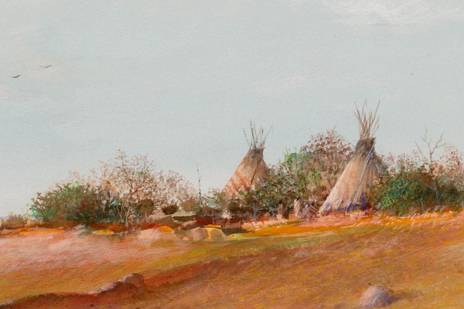 « Plains Indian Camp » Lrg, technique mixte originale sur papier de Tom Perkinson, encadrée en vente 6