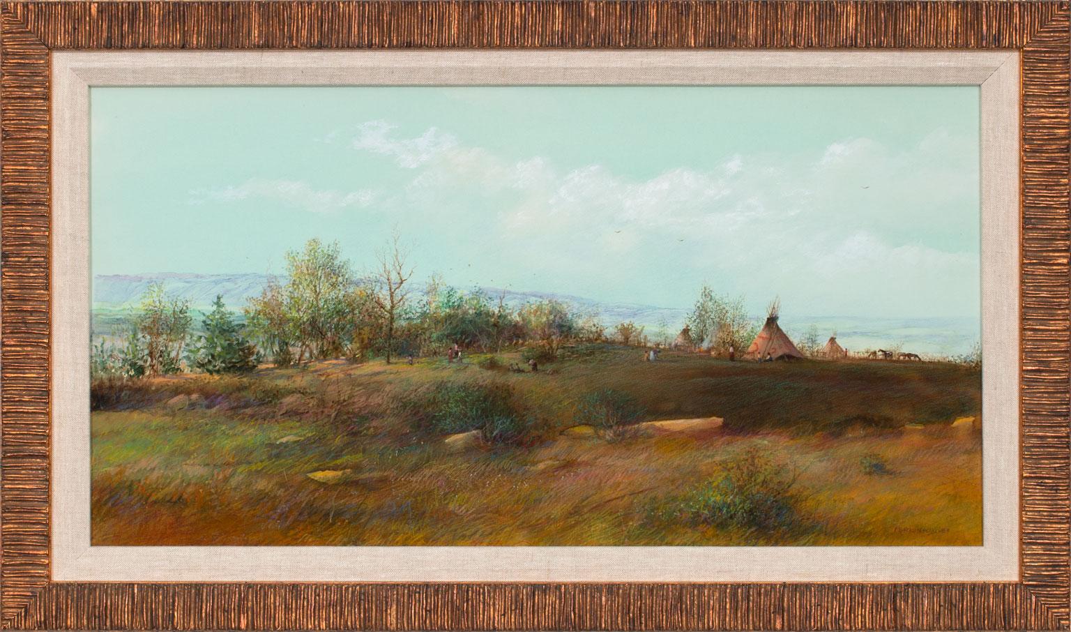 "Sioux Camp" Original Mixed Media on Paper Landscape by Tom Perkinson, Framed