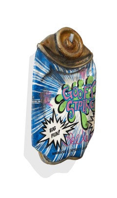 Hyperrealist sculpture with blue and purple, "Goofy String", acrylic on wood