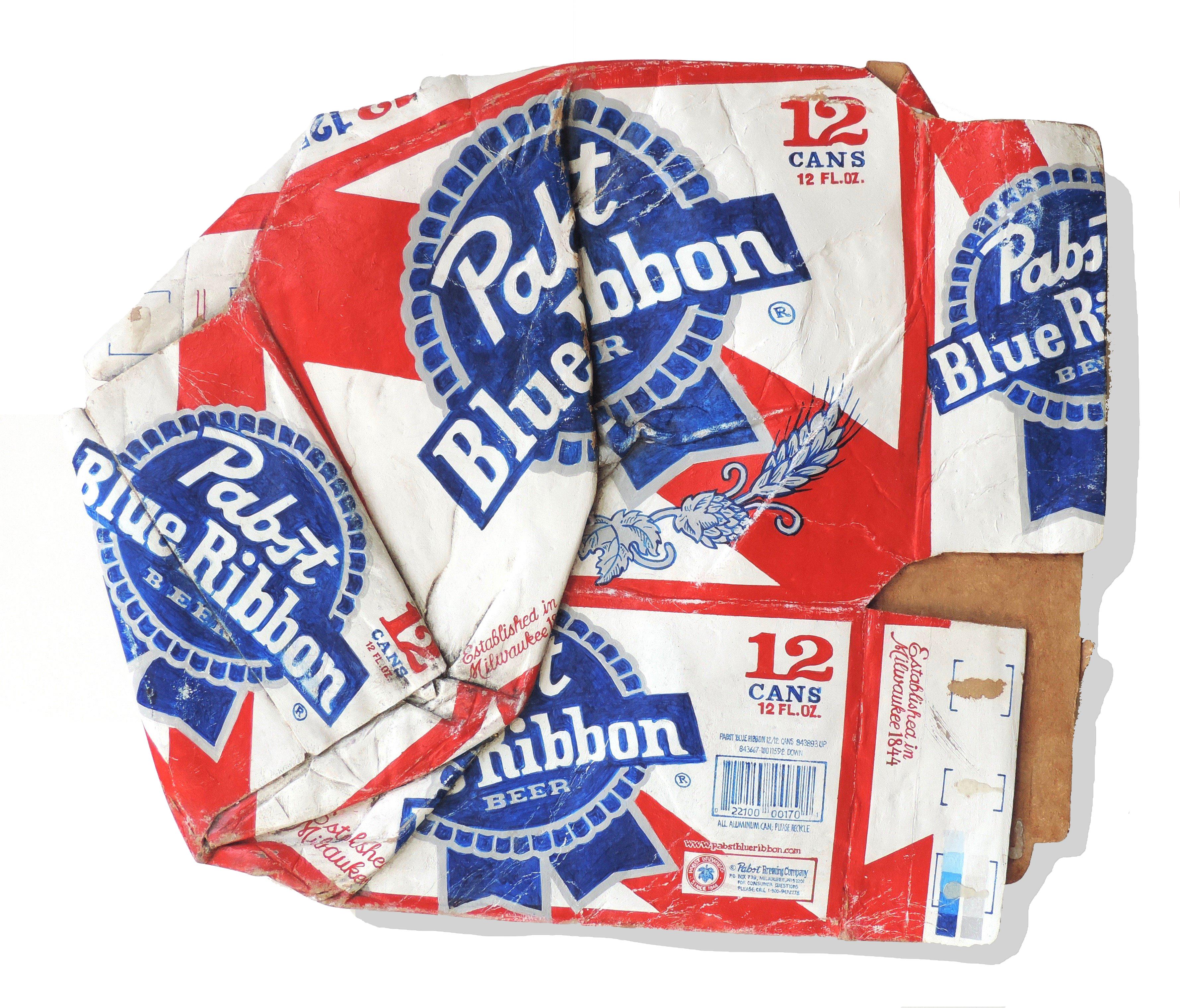 Tom Pfannerstill Still-Life Sculpture - Red white and blue hyperrealist sculpture, "Pabst Blue Ribbon", acrylic on wood