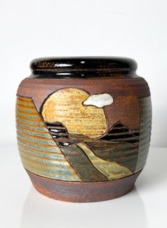 Tom Phardel Incised Landscape Stoneware Ceramic Vase Detroit Studio Pottery