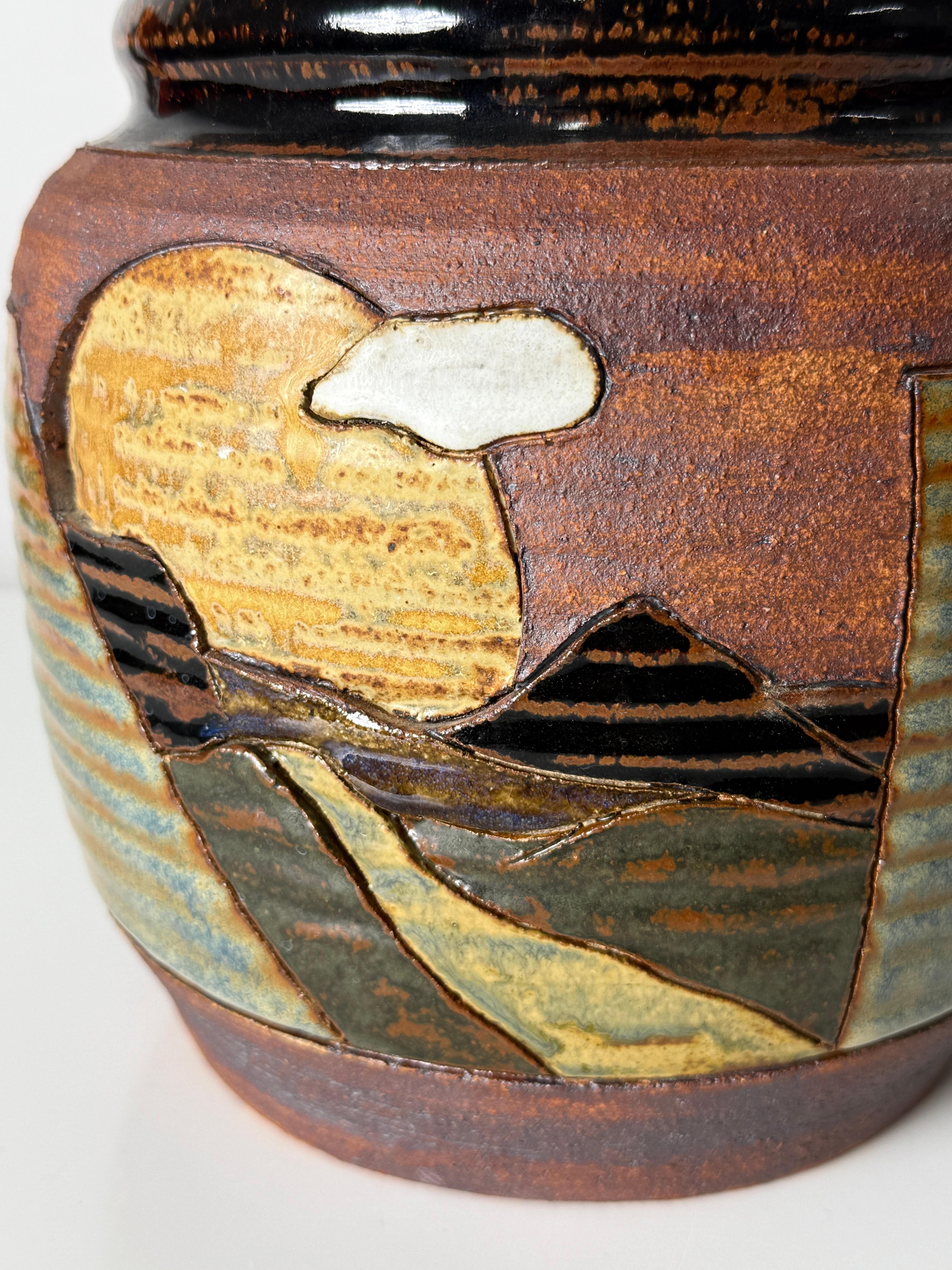 Mid-Century Modern Tom Phardel Incised Landscape Stoneware Ceramic Vase Detroit Studio Pottery For Sale