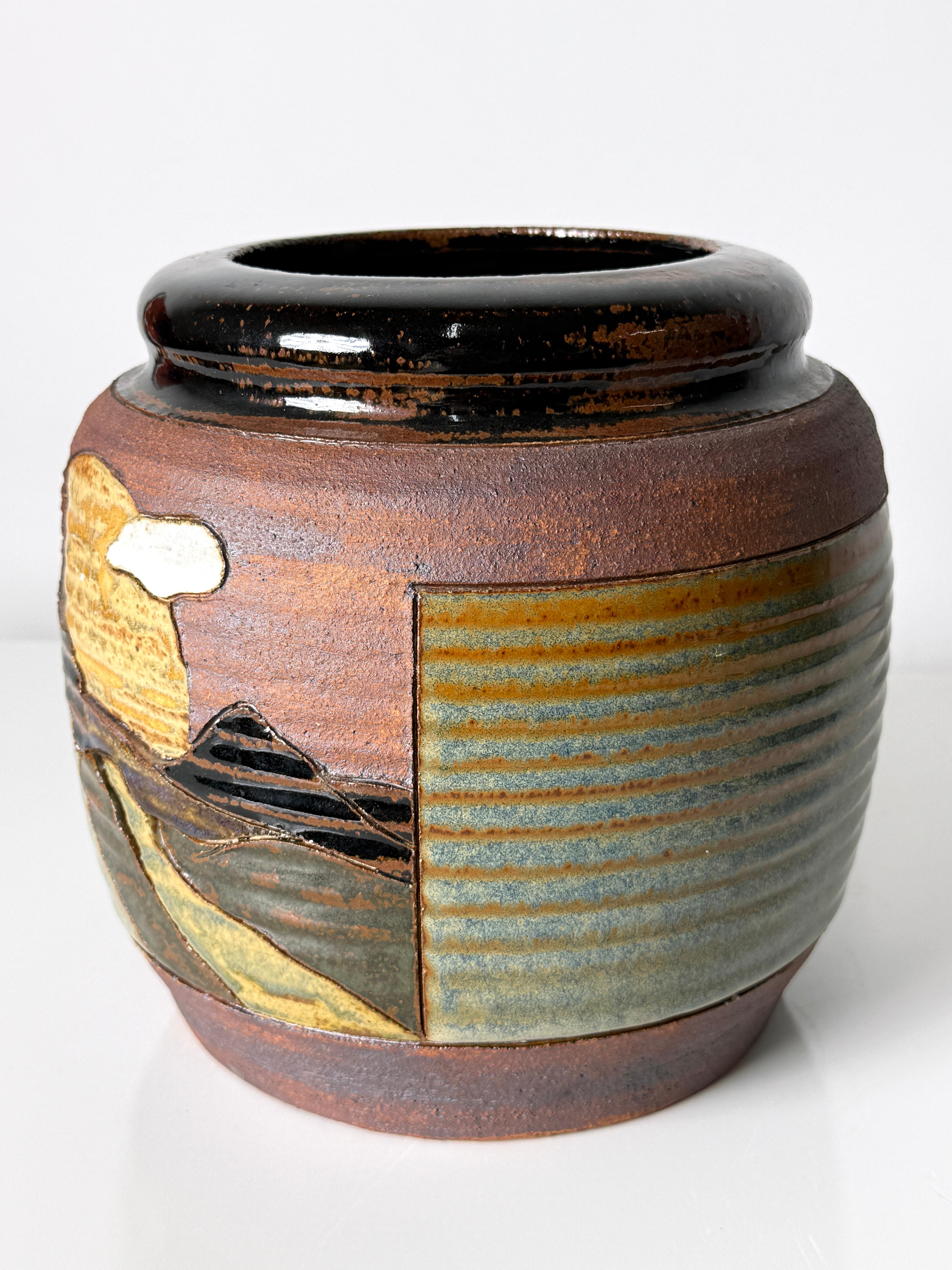 American Tom Phardel Incised Landscape Stoneware Ceramic Vase Detroit Studio Pottery For Sale