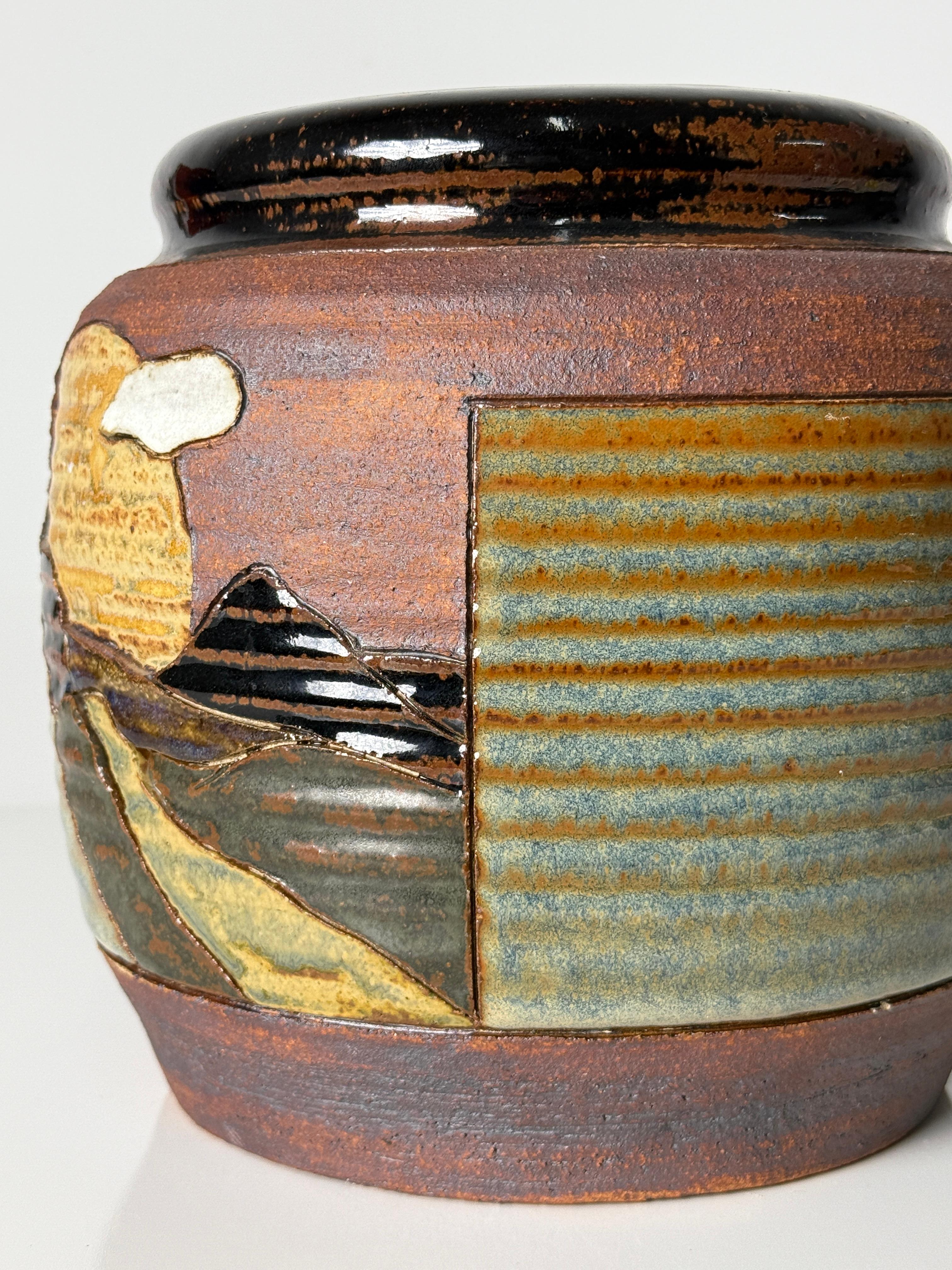 Glazed Tom Phardel Incised Landscape Stoneware Ceramic Vase Detroit Studio Pottery For Sale