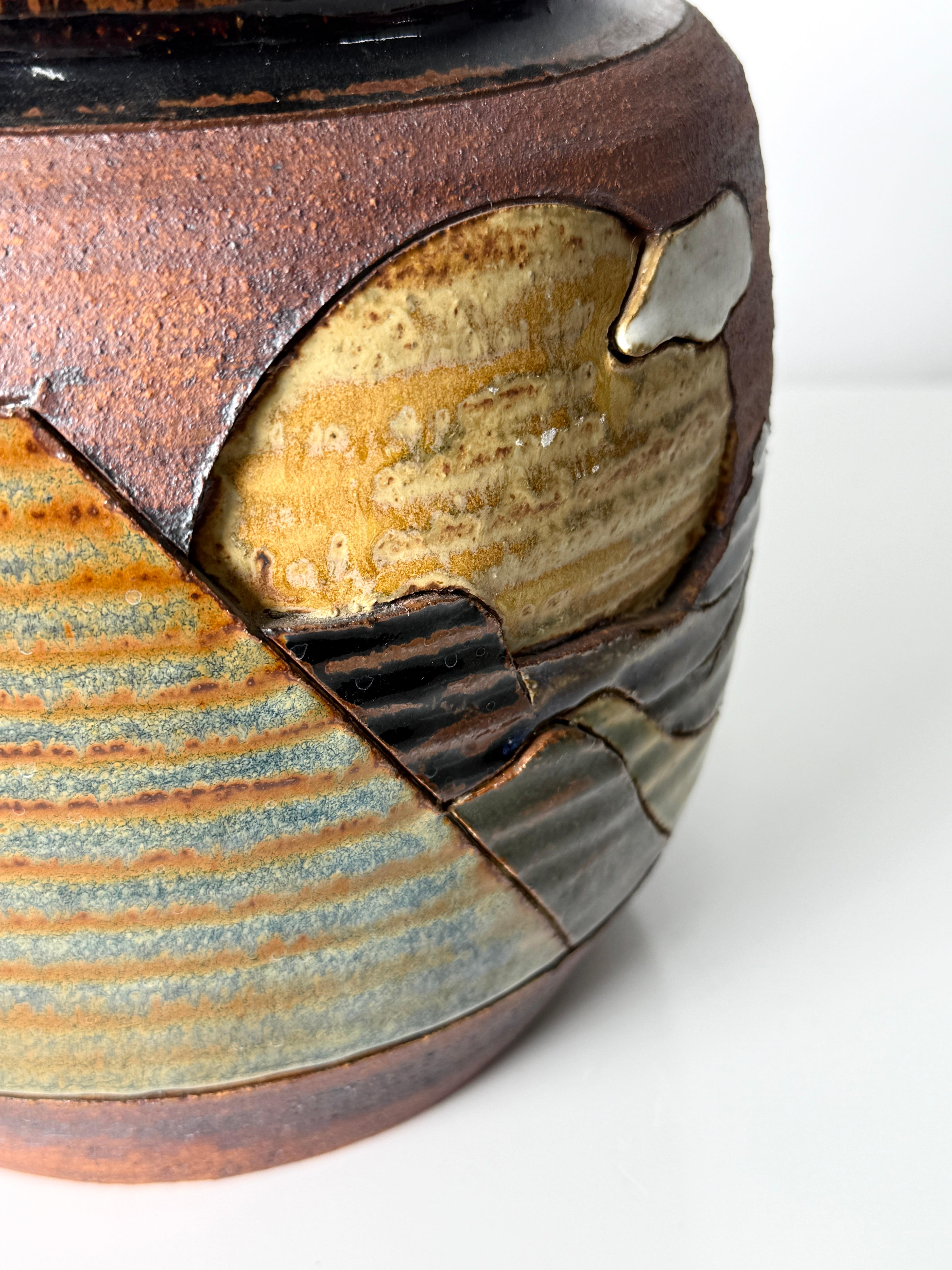 Late 20th Century Tom Phardel Incised Landscape Stoneware Ceramic Vase Detroit Studio Pottery For Sale