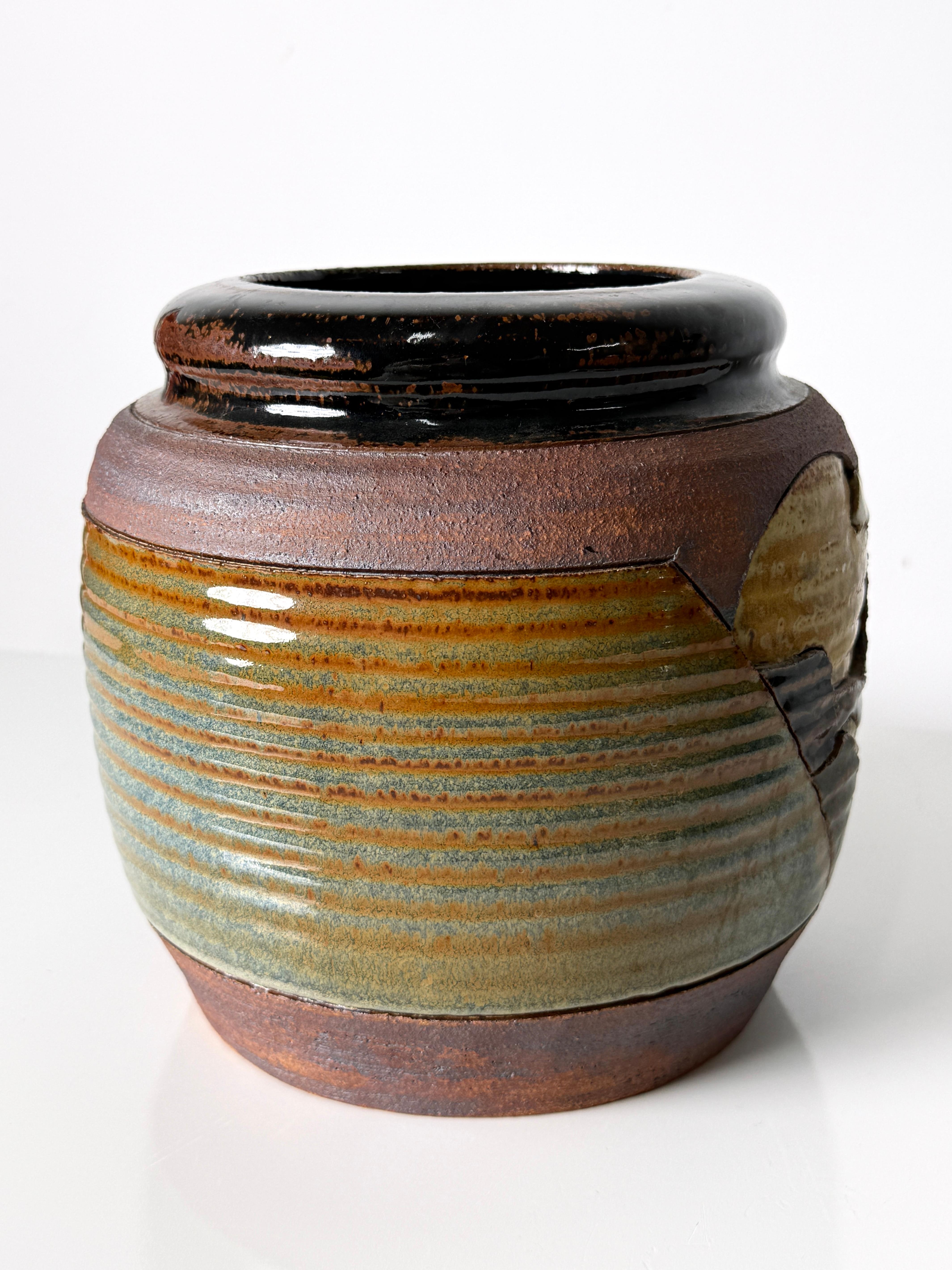 Tom Phardel Incised Landscape Stoneware Ceramic Vase Detroit Studio Pottery For Sale 1