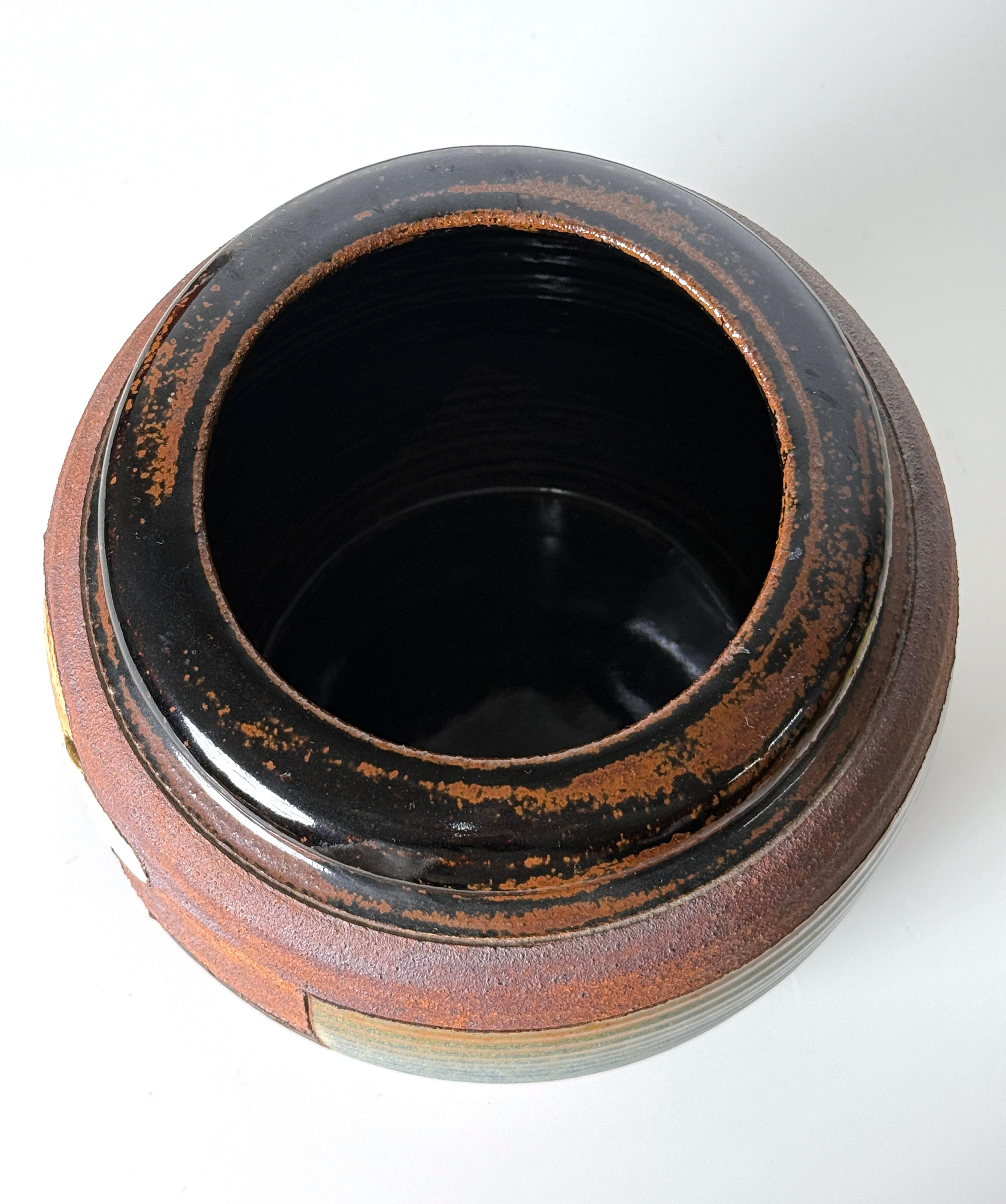 Tom Phardel Incised Landscape Stoneware Ceramic Vase Detroit Studio Pottery For Sale 2