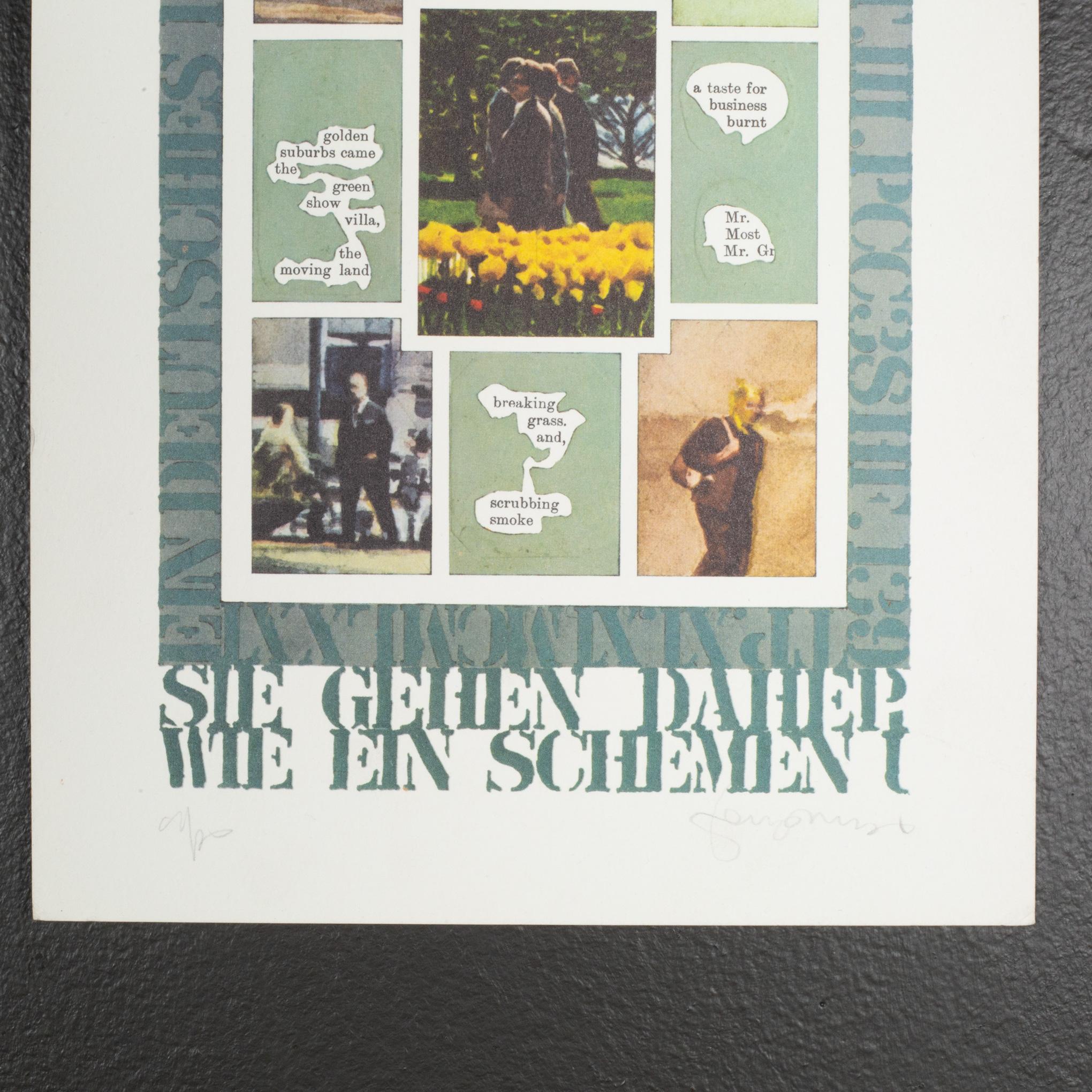 CIRCA 

Tom Phillips, Ein Deutsches Requiem, serigrafia, edizione limitata 9/20, firmata, 1972, senza cornice.

    CREATORE Tom Philips 1937-2022.
    DATA DI FABBRICAZIONE 1972 circa.
    MATERIALITÀ E TECNICHE Litografia su carta intelata.
   