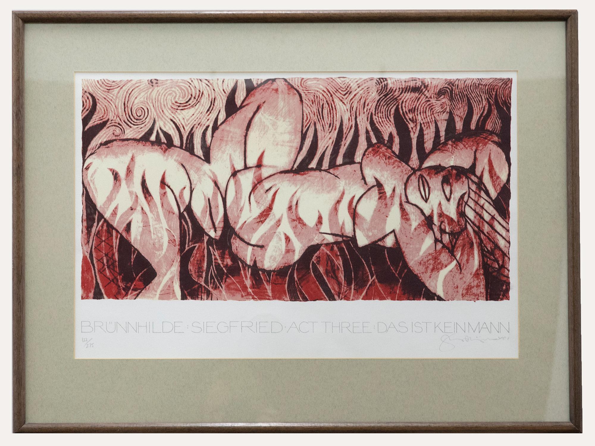 A striking silkscreen print with a creative interpretation of the story of Brunhilde and Siegfried. Inscribed to the lower border 'Brunhilde Siegfried Act Three Das Ist Keinmann'.Signed. 122/275. Presented in a wooden frame with a grey card mount.