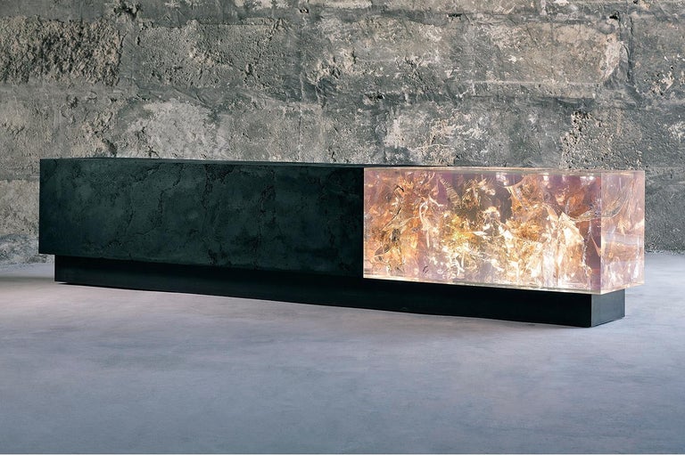 Coal, resin, tar, steel, acrylic, LED. 45 cm × 220 cm × 35 cm.
Counterpart II is one of Tom Price's 'hybrid' artworks sitting halfway between art and design: the piece can be seen exclusively as a sculpture or can also serve as a bench. In this