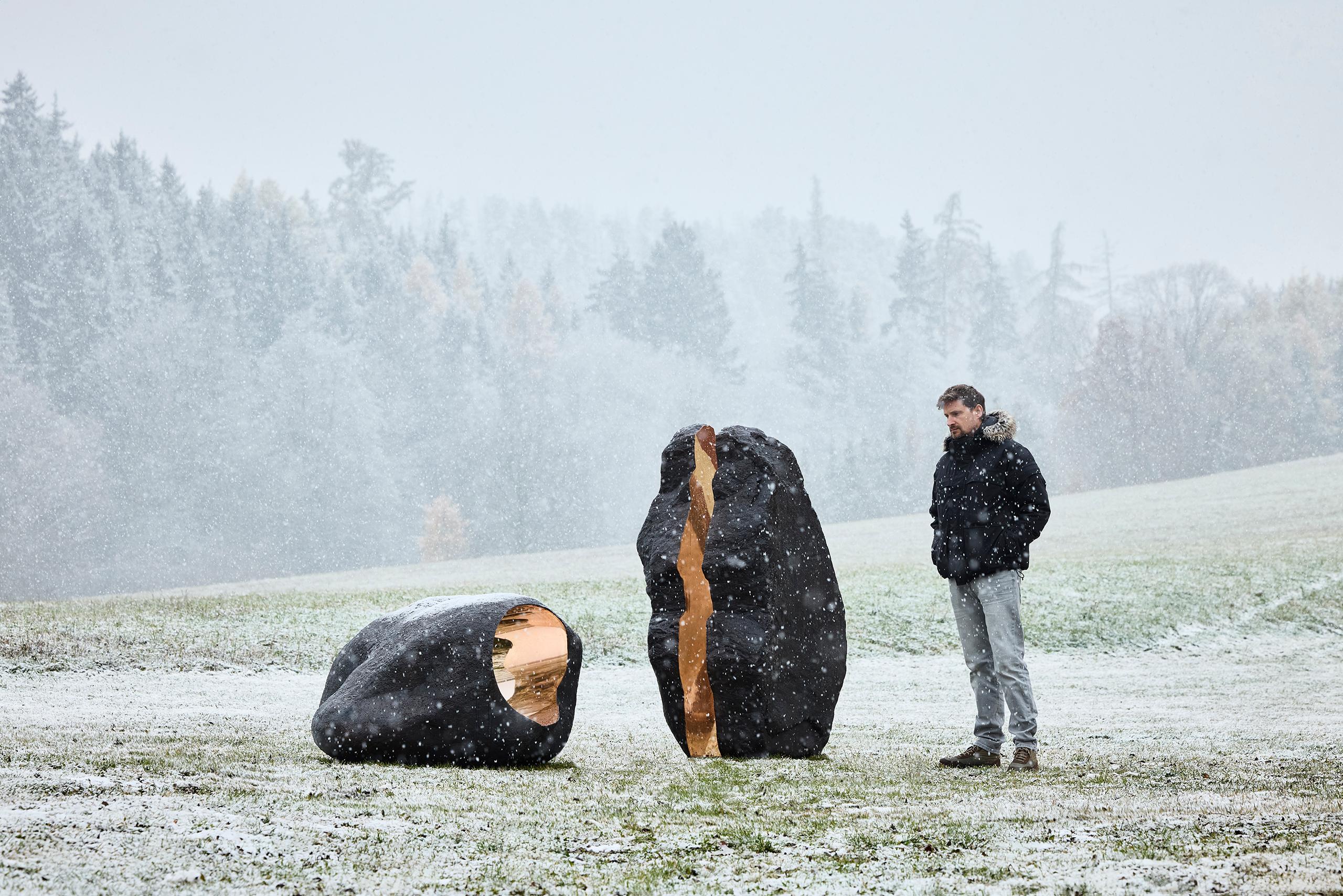 Boulder #4 - Scultura in bronzo simile a una roccia, superficie liscia e luminosa, tonalità scura - Sculpture di Tom Price