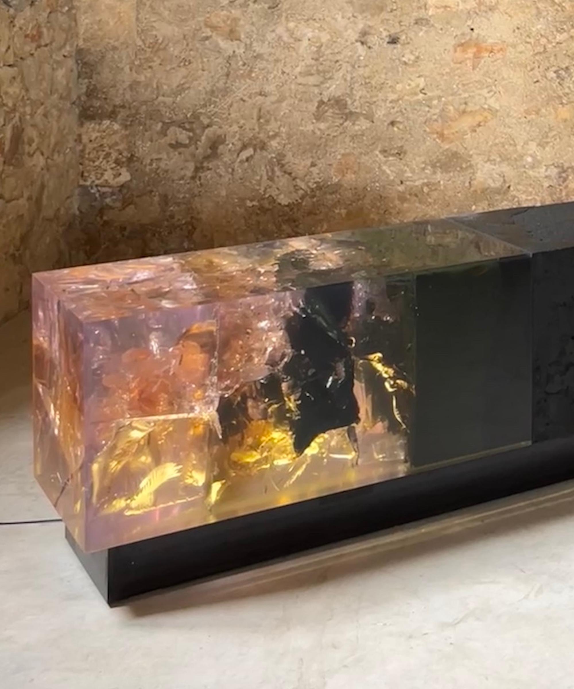 Counterpart (diptych) by Tom Price - Bench sculpture, resin, coal, LED light For Sale 4