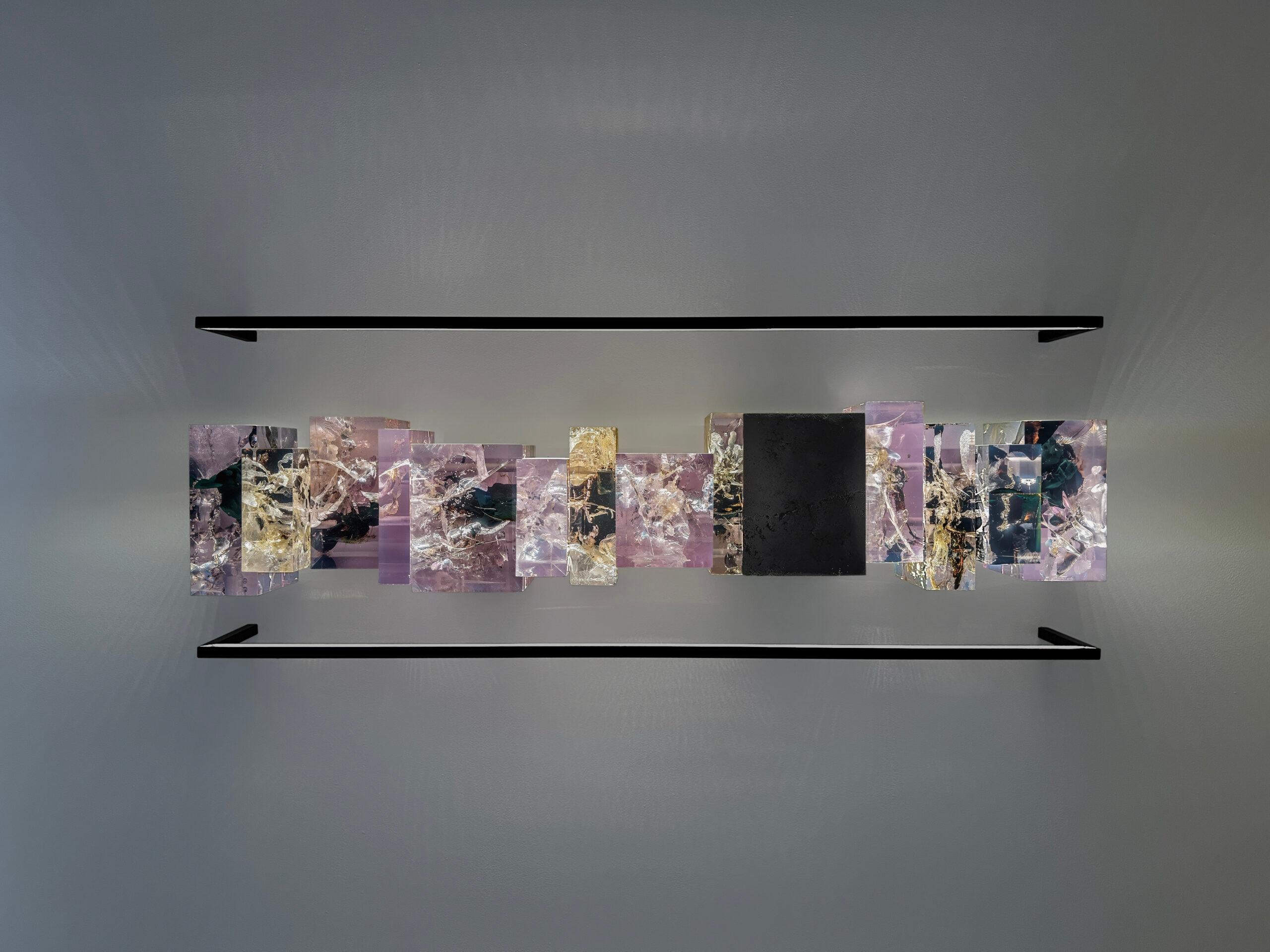 Synthesis A2 is a sculpture by contemporary artist Tom Price. This sculpture is made of resin, tar, patinated mild steel, stainless steel and LED, dimensions are 42 × 109 × 21 cm (16.5 × 42.9 × 8.3 in), including the light bars at top and bottom.