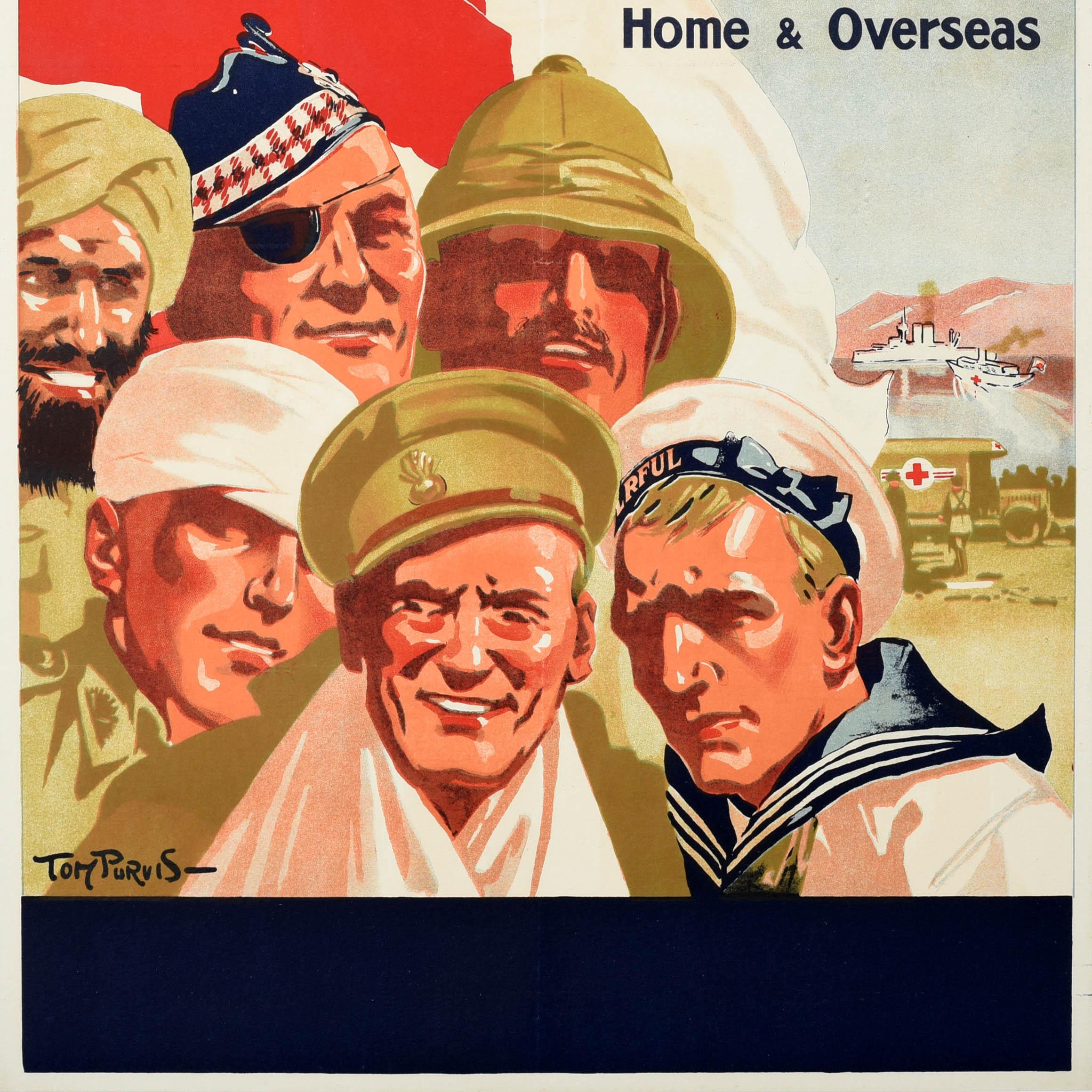 Original antique World War One poster - Our Day To Help at the Front our wounded from Home & Overseas - issued by The British Red Cross Society & Order of St John for an event on 21 October 1915. Great artwork by Tom Purvis (1888-1959) showing a