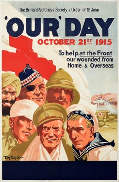 Affiche de guerre ancienne originale "Our Day" Société britannique de la Croix-Rouge Première Guerre mondiale Tom Purvis