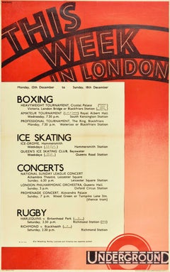 Original Vintage London Underground Poster Boxing Ice Skating Concerts Rugby