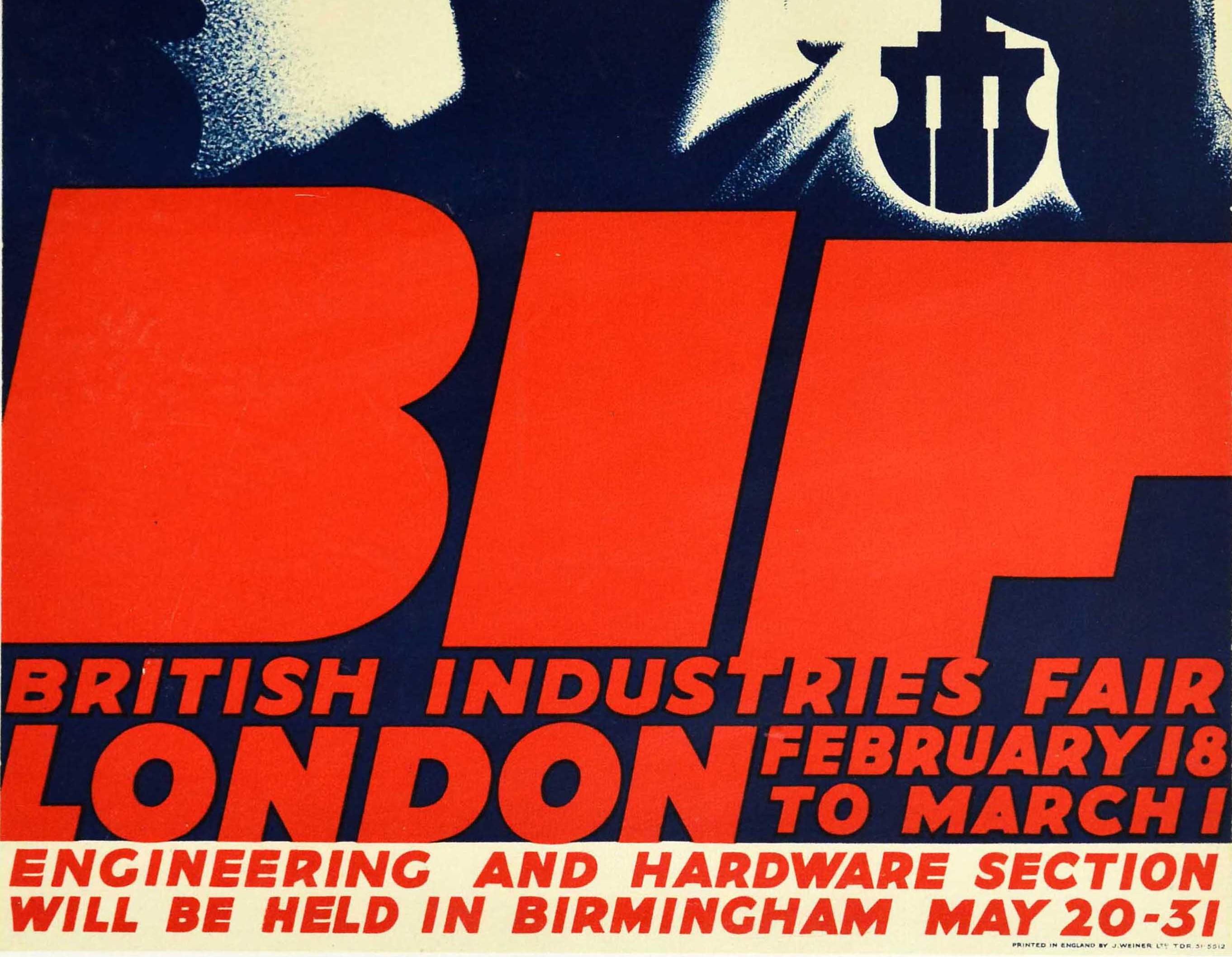 Affiche vintage d'origine BIF British Industries Fair London 1935 Design Art Déco - Art déco Print par Tom Purvis