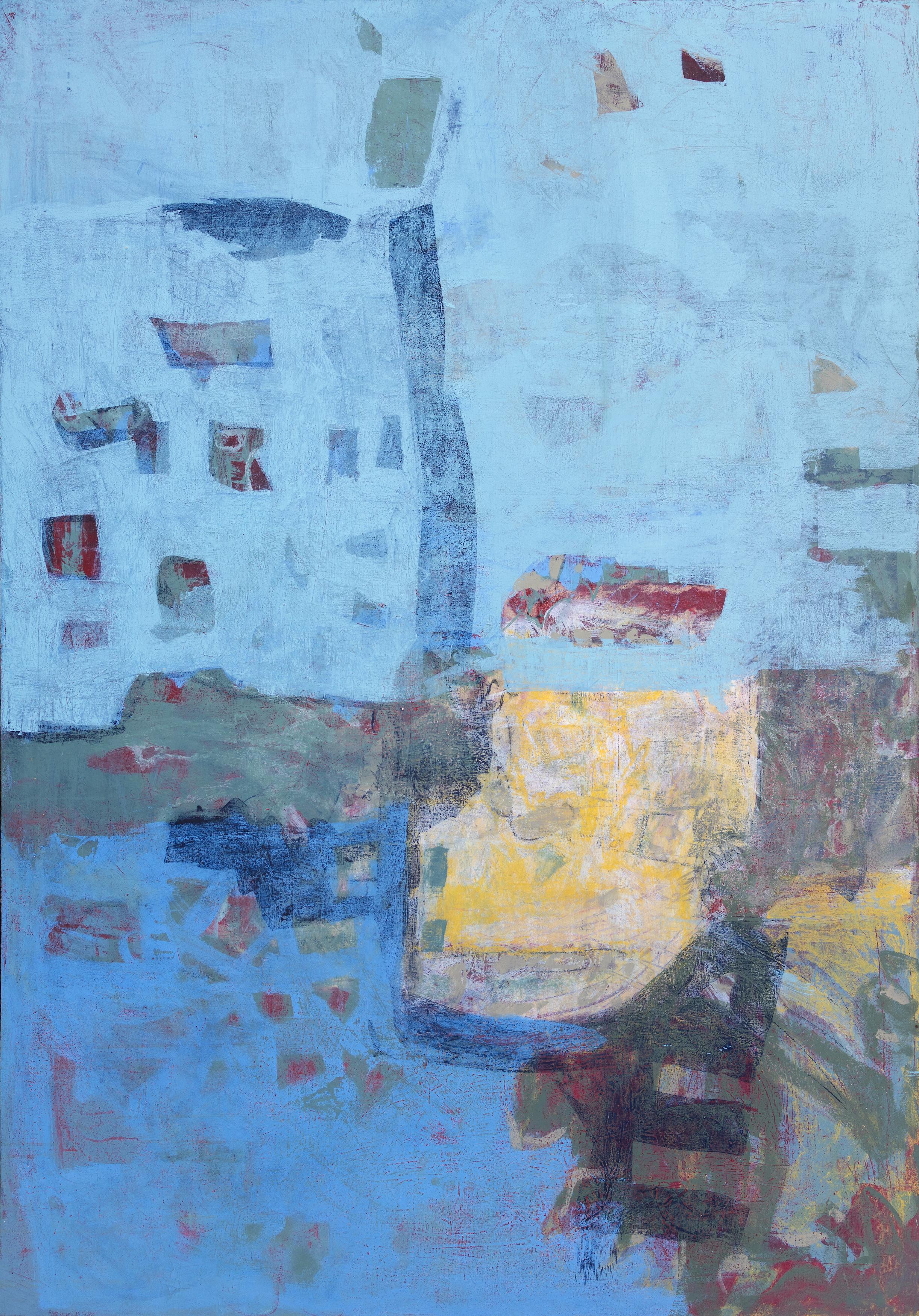 Abstract Painting di Tom Reno - "Blu cielo e multicolore astratto" Pittura di grandi dimensioni Giallo cobalto rosso gestuale