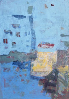 « Sky Blue and Multi Color Abstract » - Grande peinture abstraite jaune cobalt rouge gestuelle
