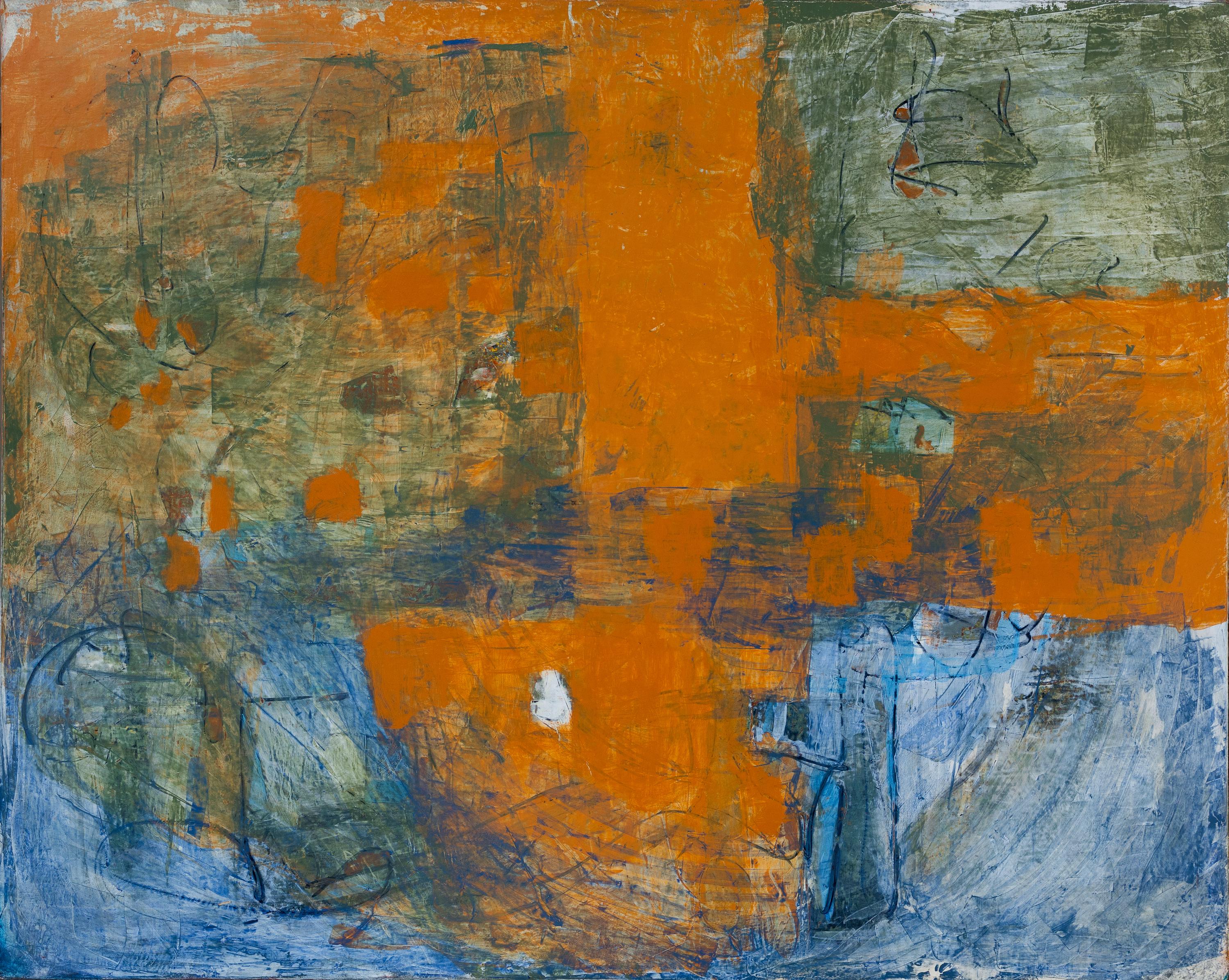 « Bleu et orange abstrait » - Grande peinture gestuelle de champ aux accents verts - Painting de Tom Reno