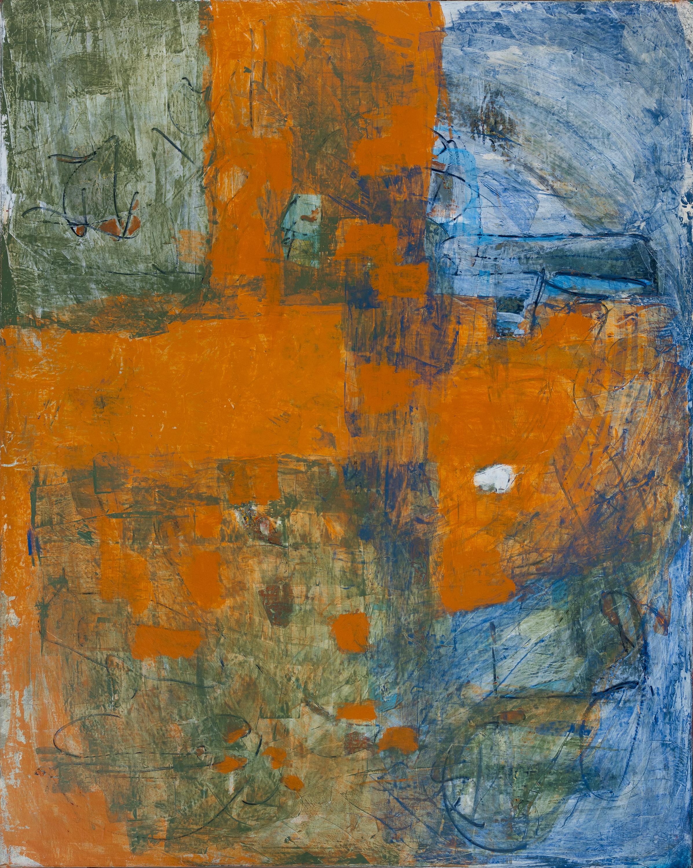 « Bleu et orange abstrait » - Grande peinture gestuelle de champ aux accents verts - Marron Abstract Painting par Tom Reno