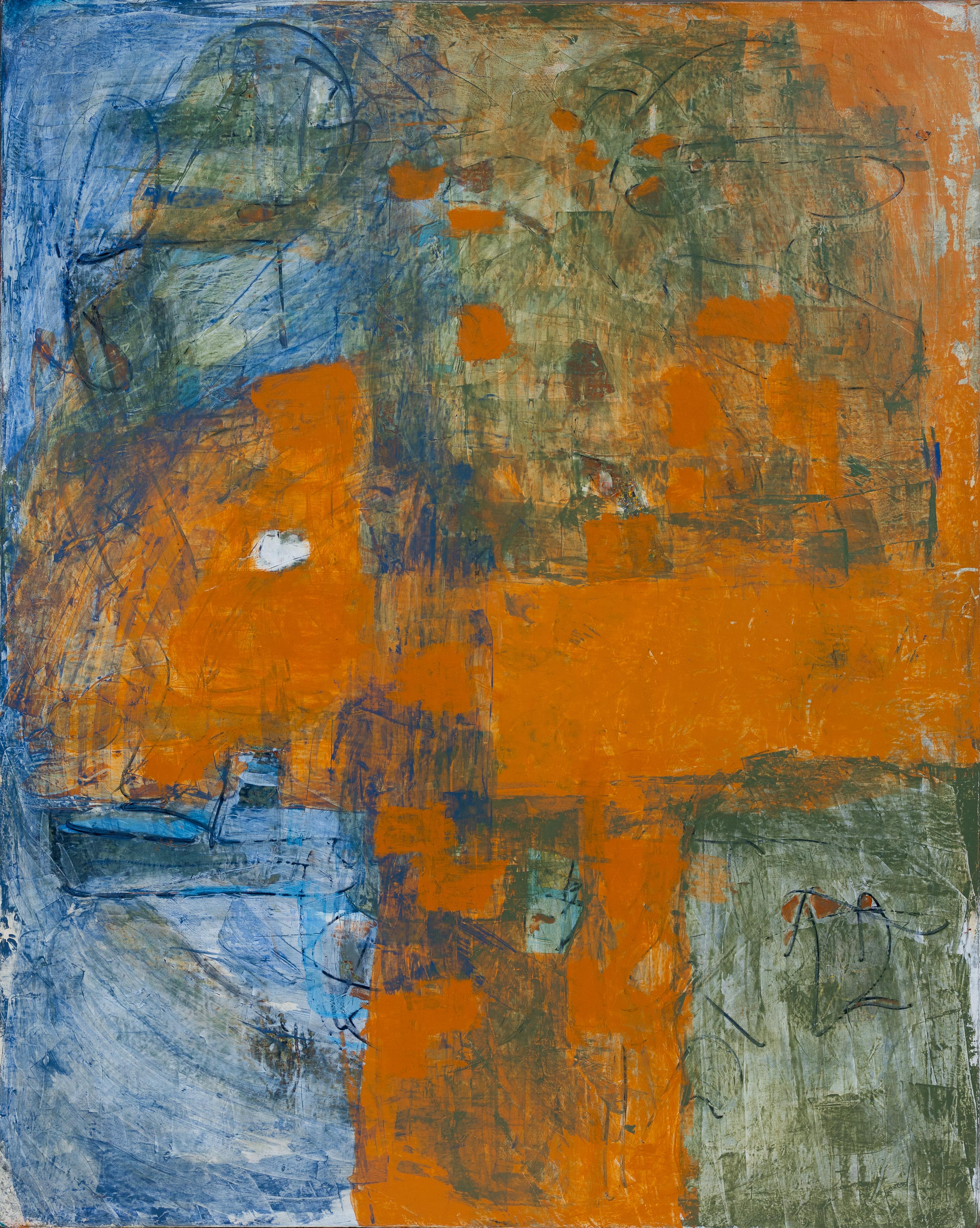 Tom Reno Abstract Painting - "Blue and Orange Abstract" Large Gestural Color Field Painting Green Accents