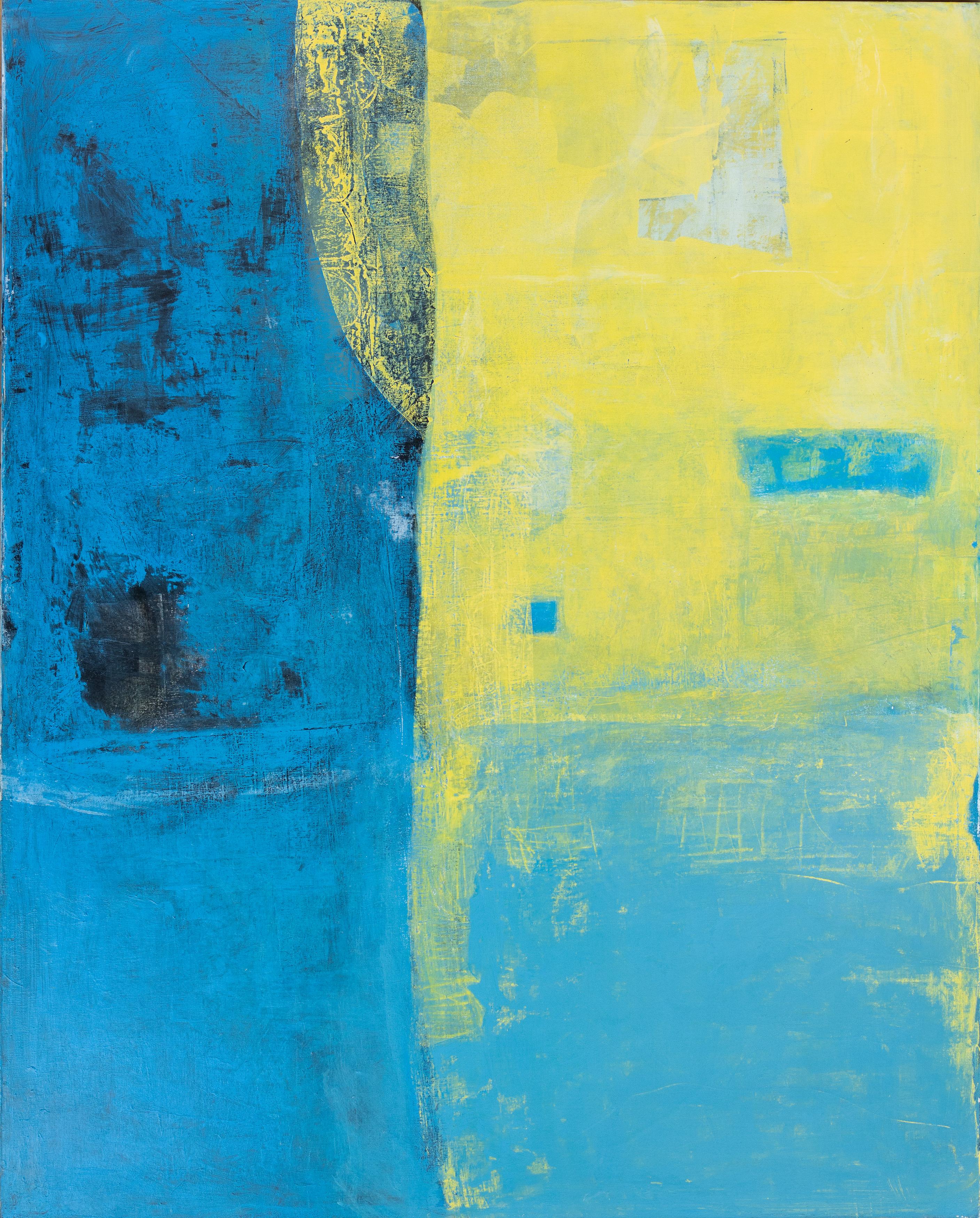 Abstract Painting Tom Reno - "Abstrait bleu et jaune" Grande peinture gestuelle à champs de couleurs