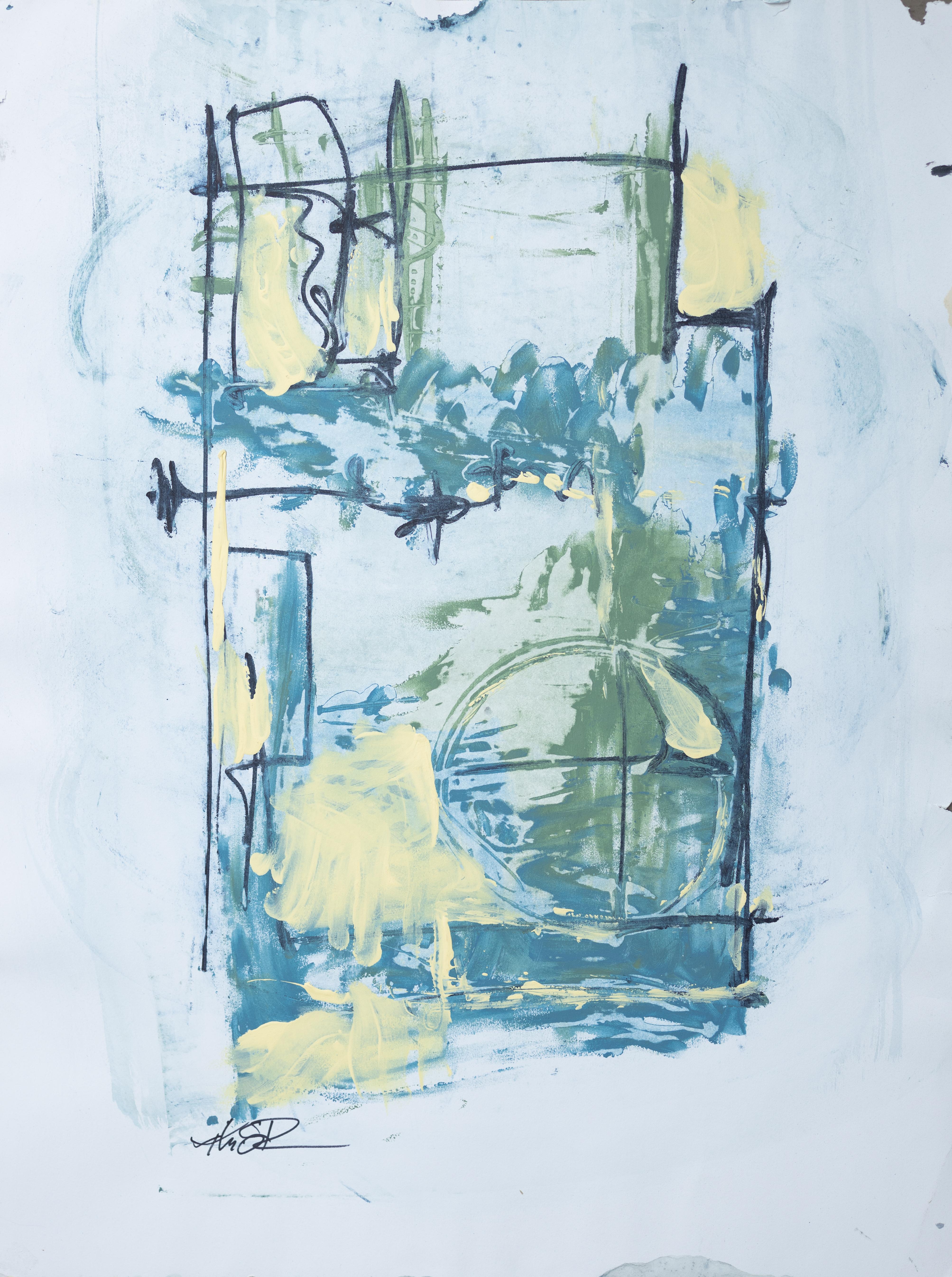 Tom Reno Abstract Painting - Slate Blue Abstract with Yellow and Green
