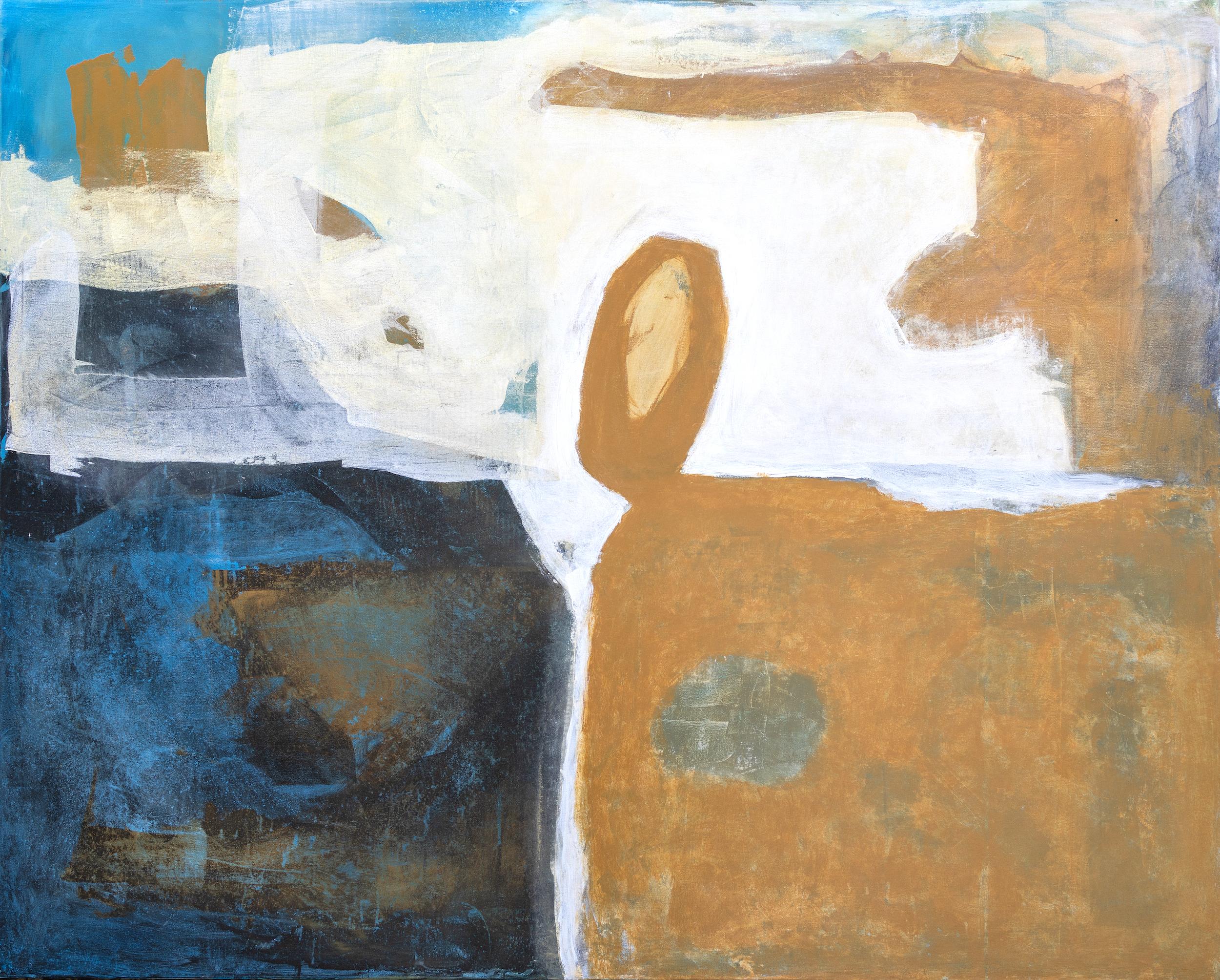 Abstract Painting Tom Reno - Bleu, ocre, noir et blanc abstrait