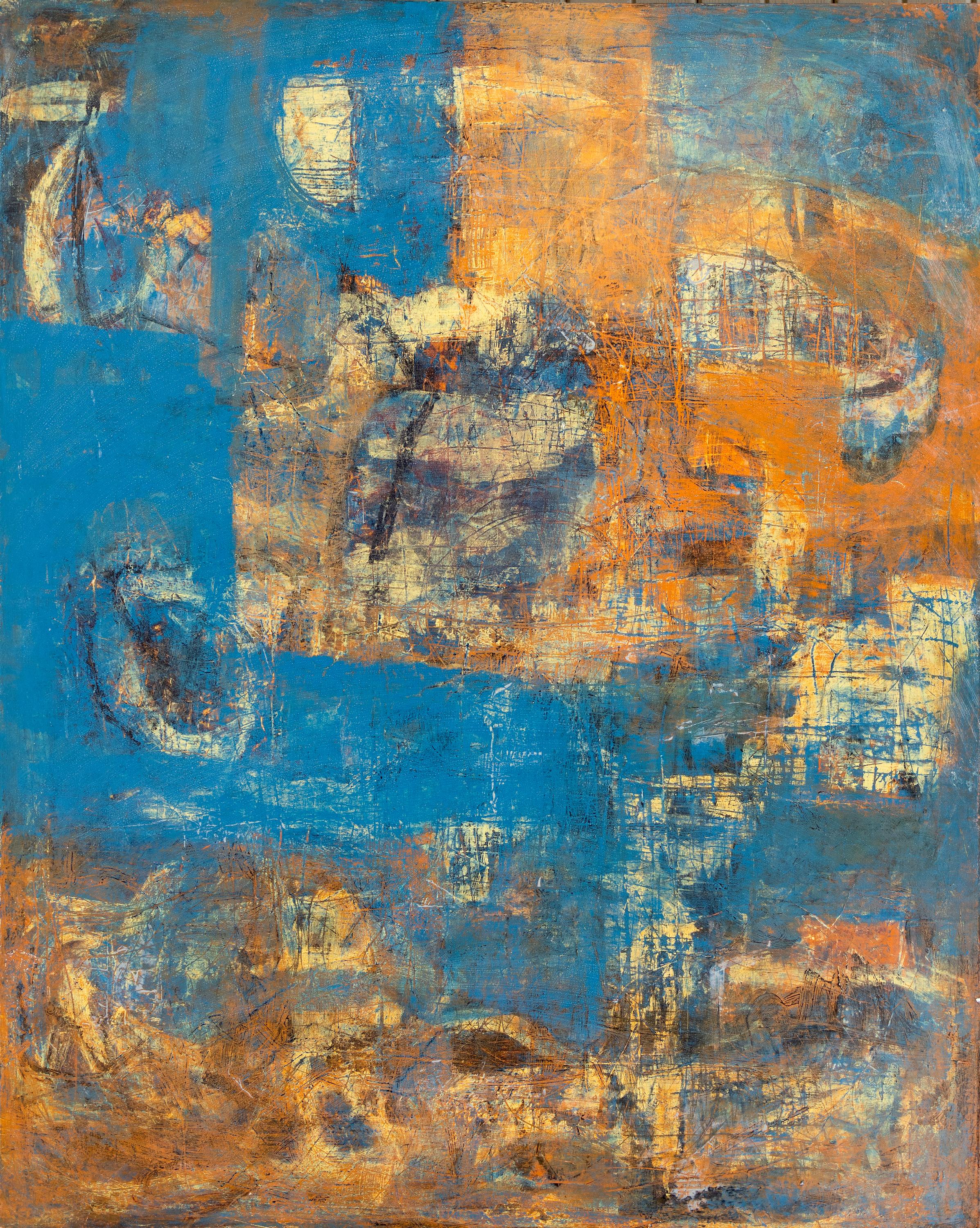 Blu, arancione e giallo astratto - Painting di Tom Reno