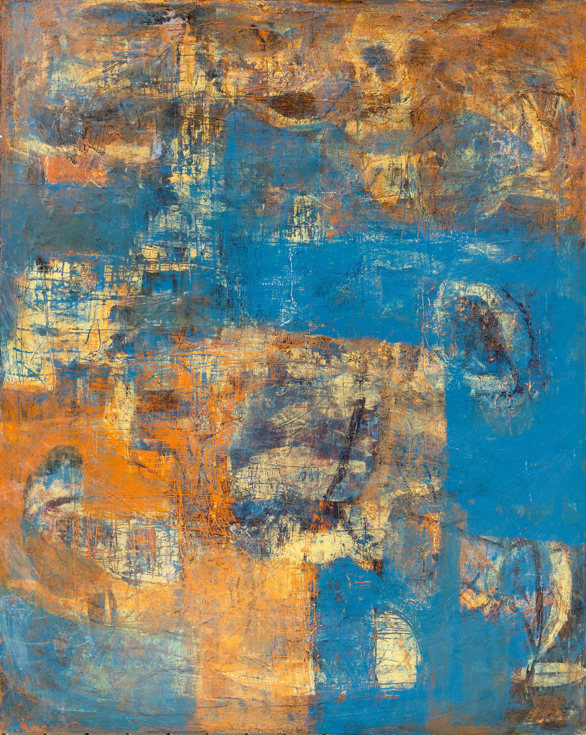 Blue, Orange, and Yellow Abstract - Abstract Expressionist Painting by Tom Reno
