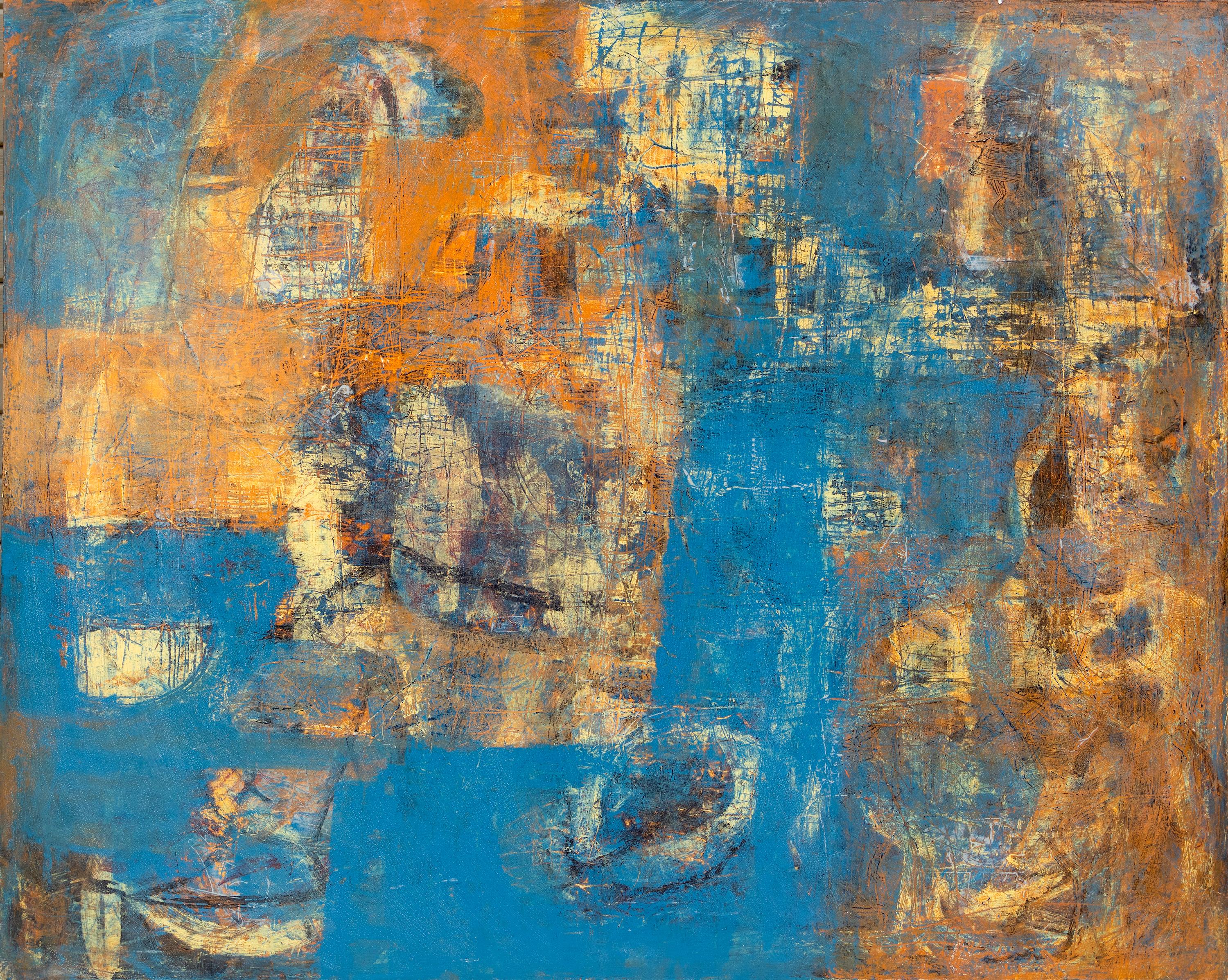 Tom Reno Abstract Painting - Blue, Orange, and Yellow Abstract