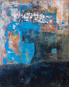 Large Abstract Expressionist Gestural Painting Blue, Black, Rust, Cream, Gold
