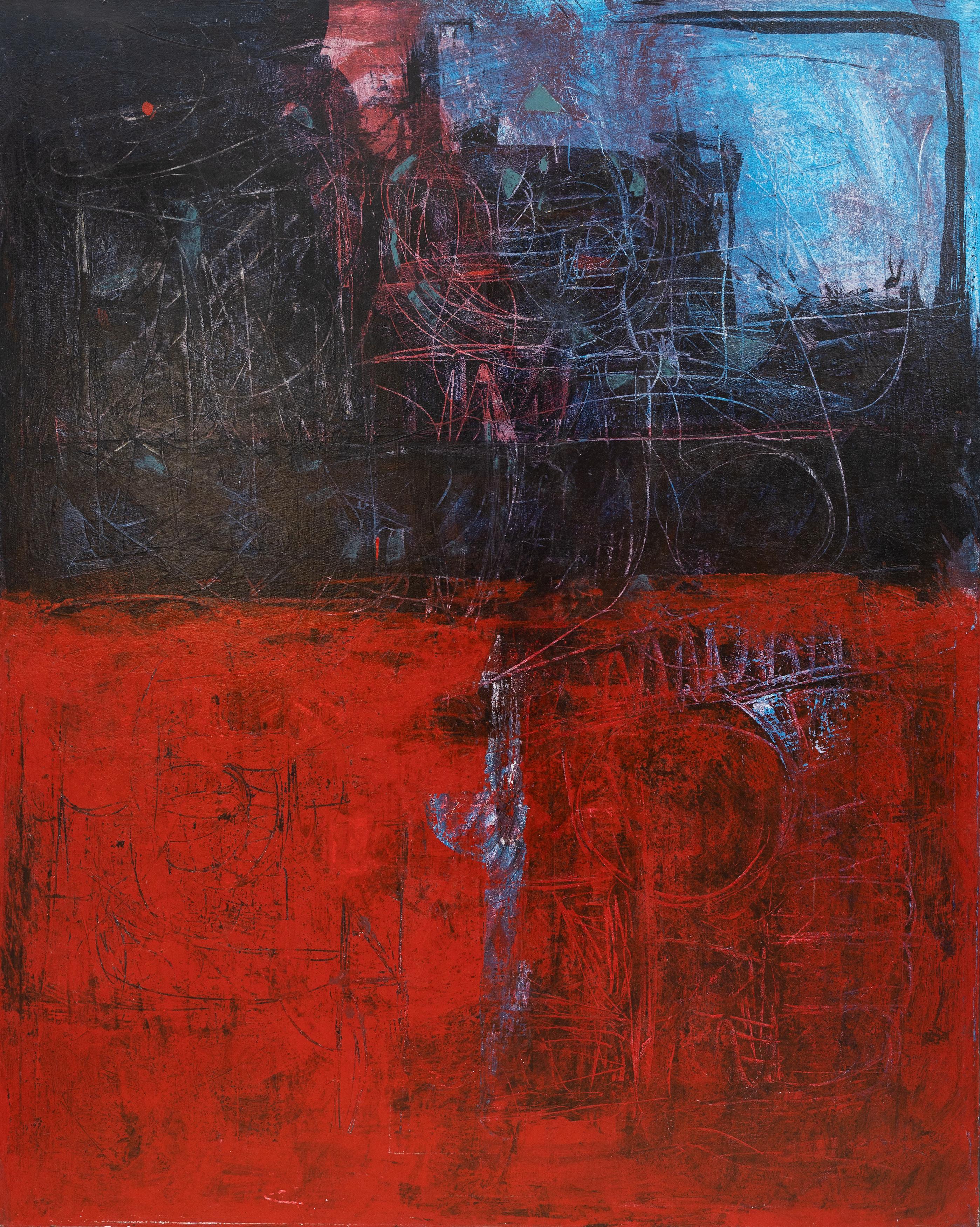 Tom Reno Abstract Painting - "Red and Blue Abstract" Large Painting Gestural Color Fields