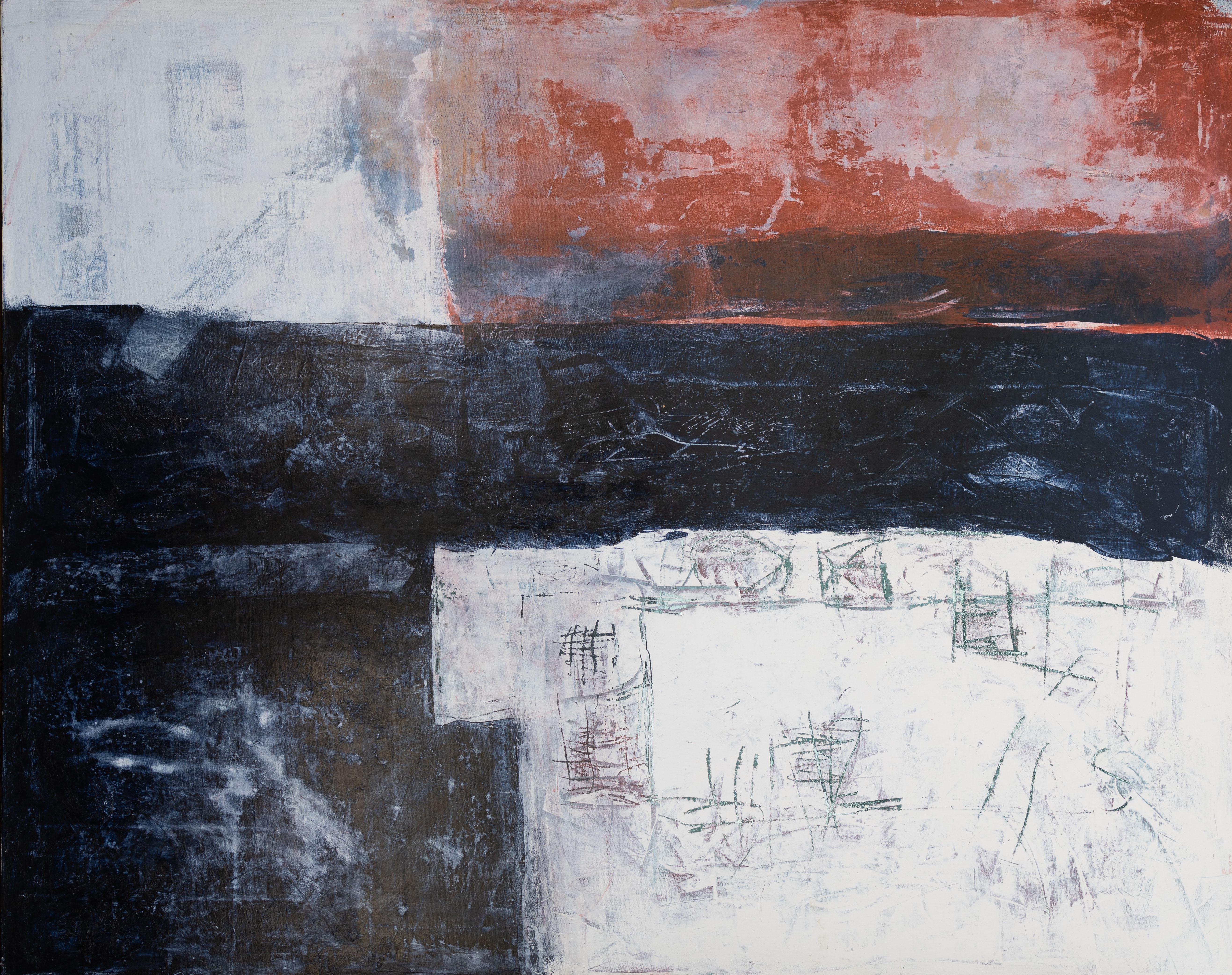 Grande peinture abstraite gestuelle en couleur rouge, noire et blanche - Painting de Tom Reno