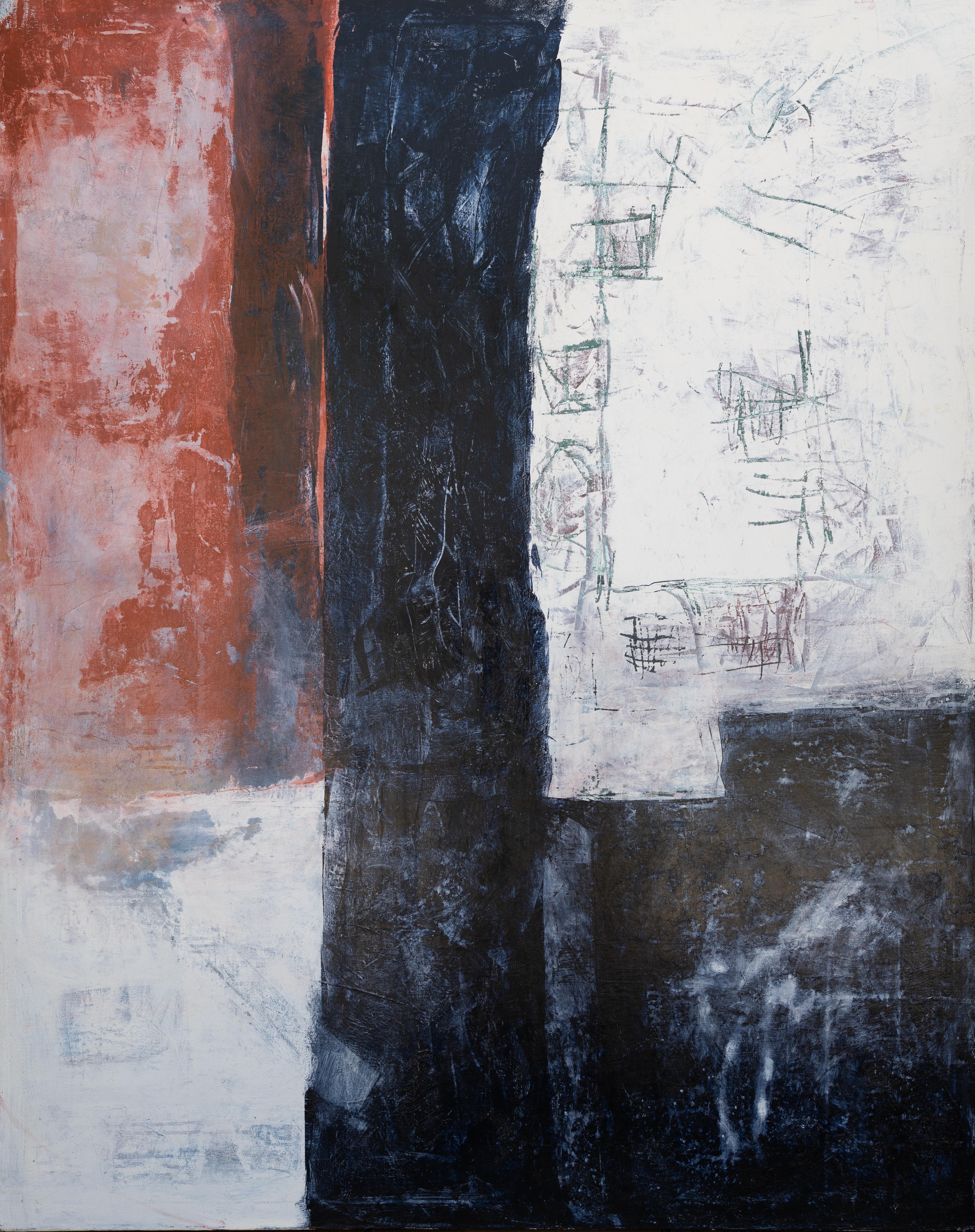 Abstract Painting Tom Reno - Grande peinture abstraite gestuelle en couleur rouge, noire et blanche