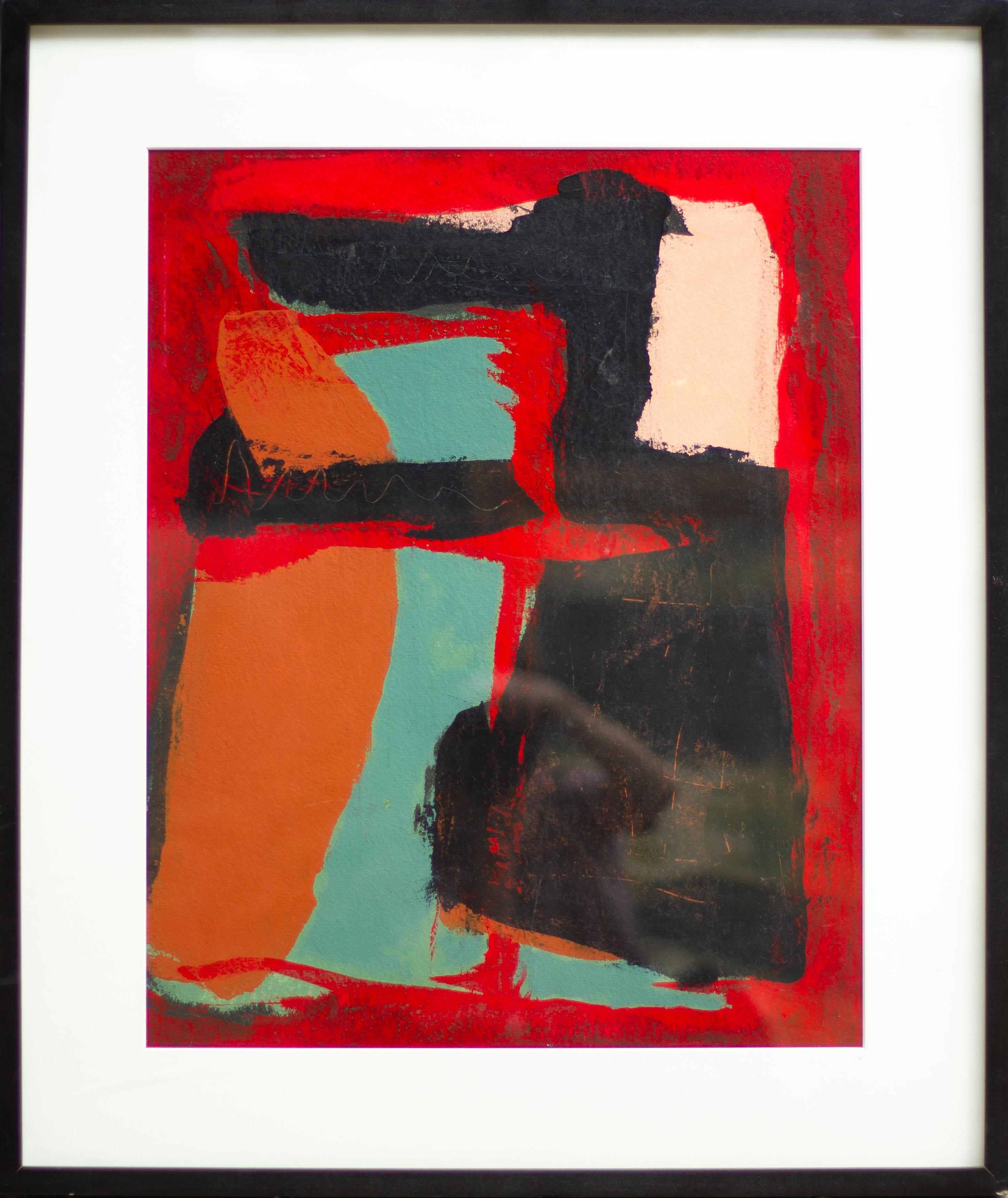 Peinture gestuelle abstraite rouge, noire, orange et turquoise - champ de couleurs - Painting de Tom Reno