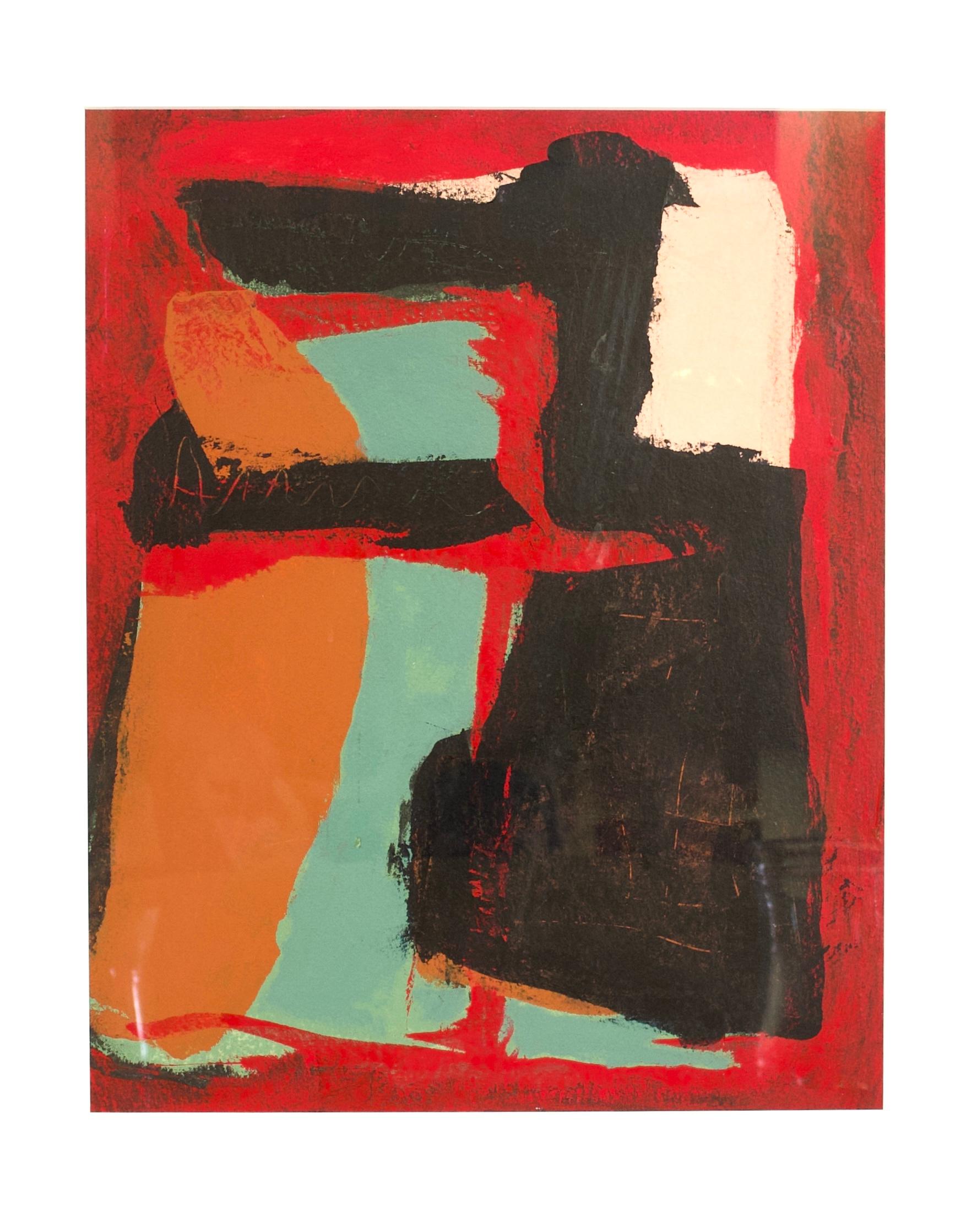 Tom Reno Abstract Painting - "Red, Black, Orange, Turquoise Abstract" Gesture Painting Color Field