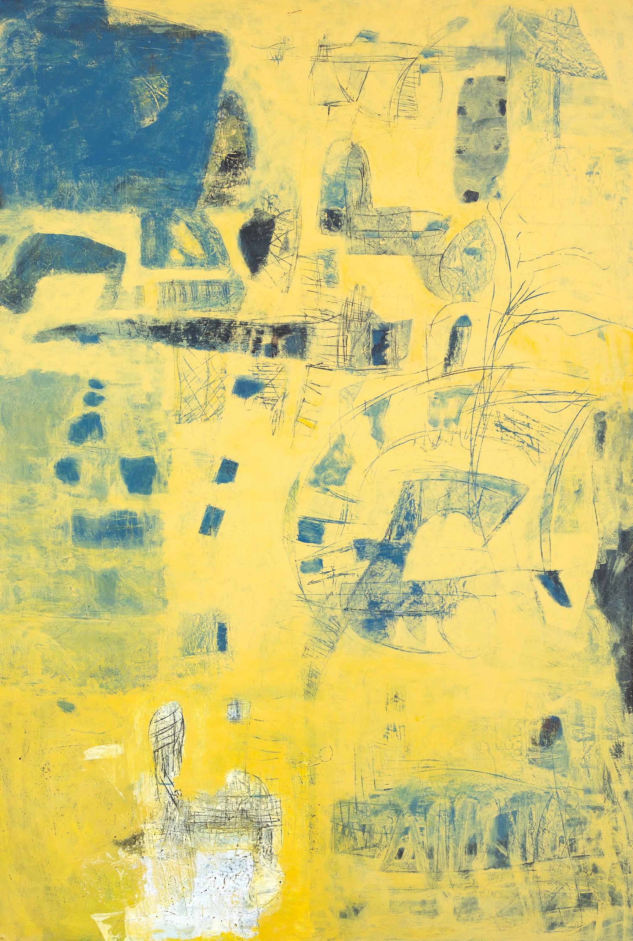 Tom Reno Abstract Painting - Yellow Abstract with Emerging Blue Gestures