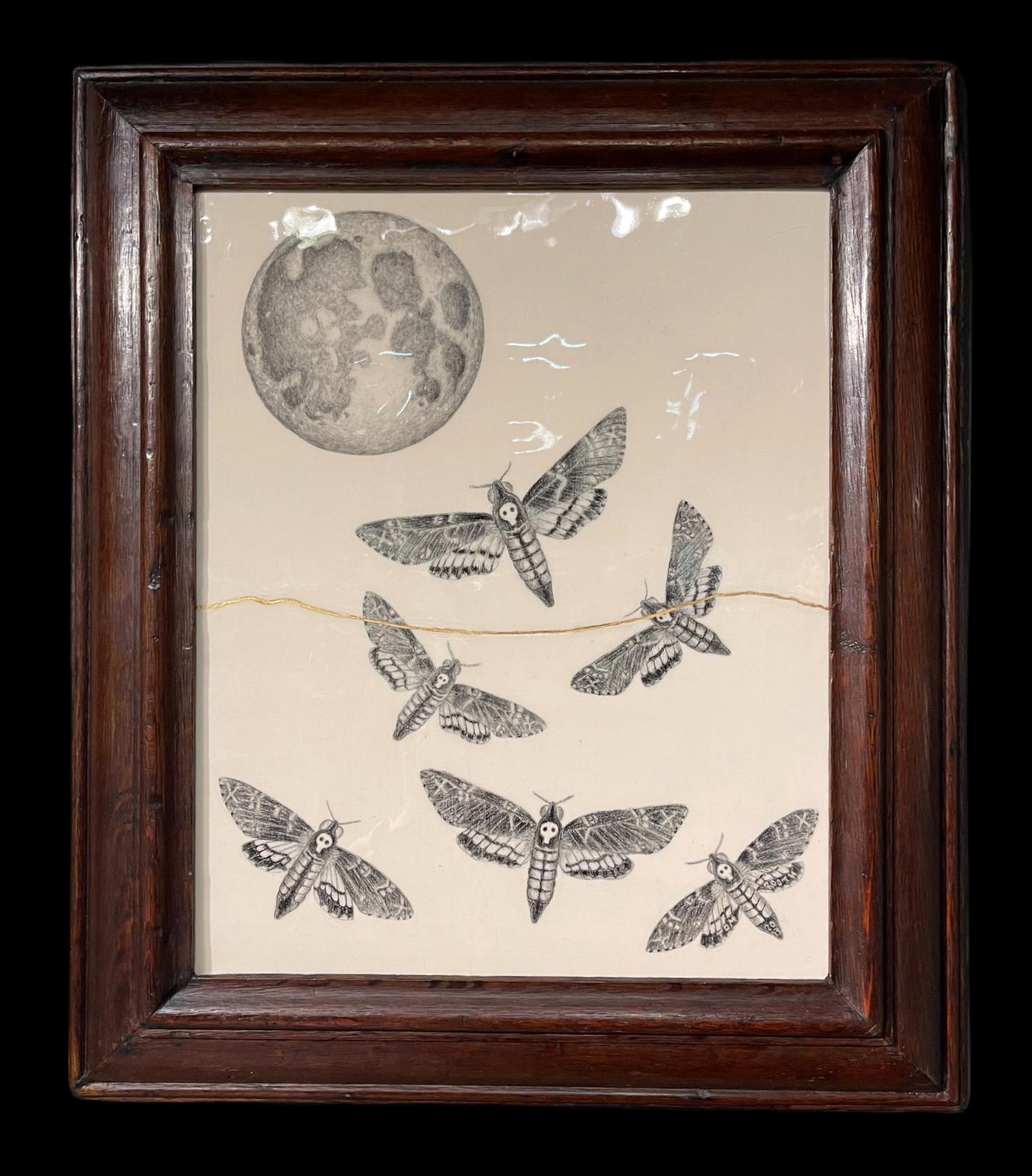 Death's head moths under a full-moon, presented in a hand-carved c1880 oak frame - Mixed Media Art by Tom Rooth