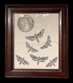 Death's head moths under a full-moon, presented in a hand-carved c1880 oak frame