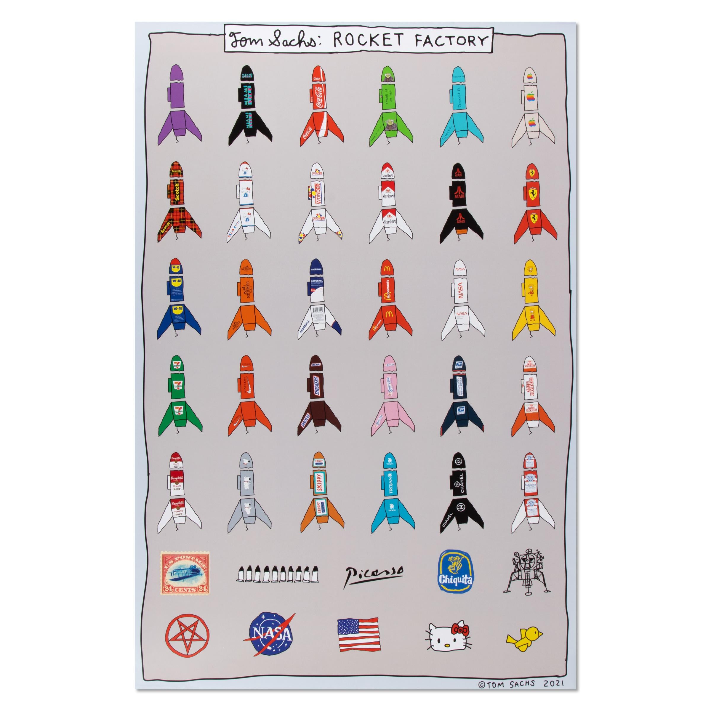 Cartel original de la colección Tom Sachs: Colección Rocket Factory. Esta impresión offset mide 36" de alto x 24" de ancho y fue publicada por Tom Sachs en 2021.
