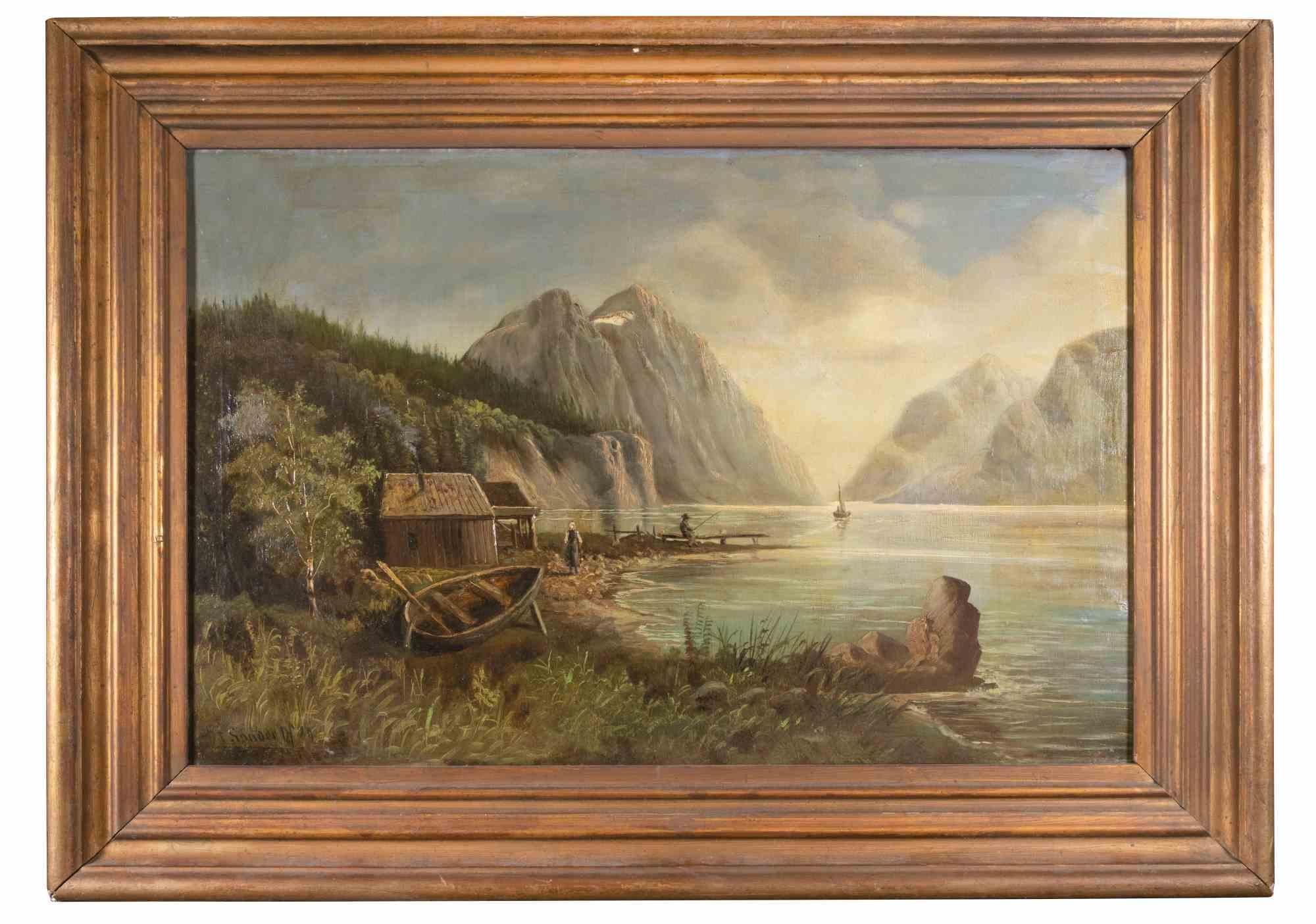 Le lac -  Peinture à l'huile attribuée à Tom Sander - 1989