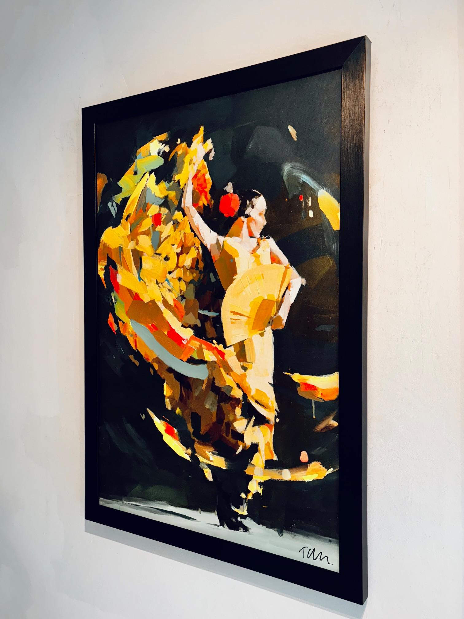 Anima Surgens — “The Rose Soul” — ignites the canvas with unrelenting intensity and drama. A flamenco dancer, caught mid-twirl, commands the frame with an explosion of ochres, saffrons, and burnt umbers. Her dress becomes a roaring flame, a vortex