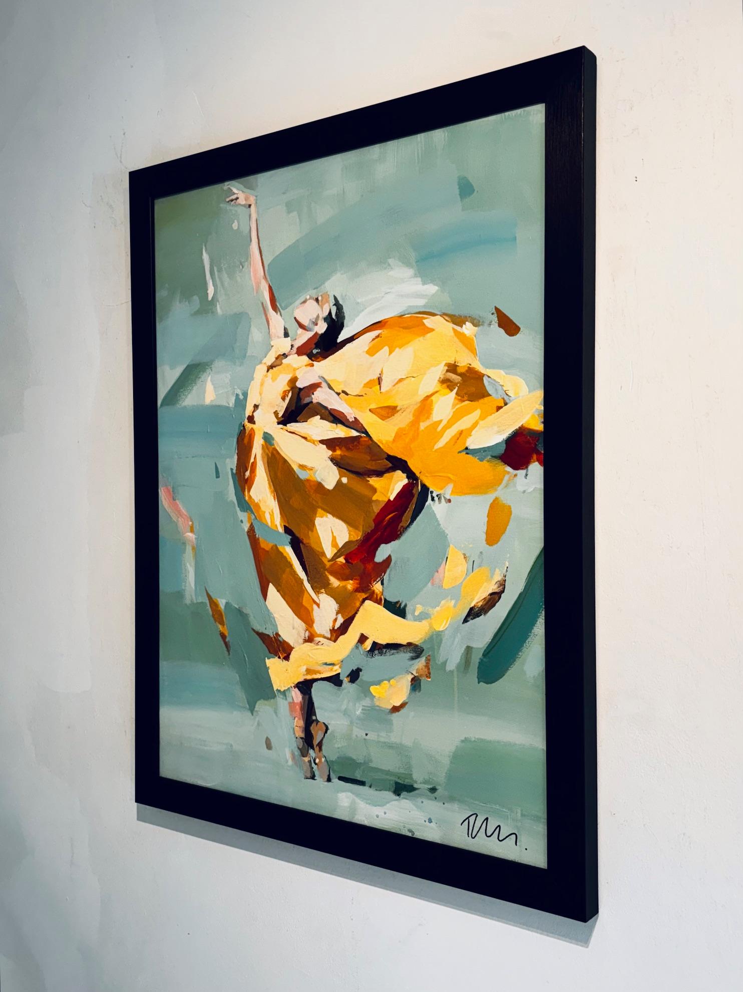 In Spiritus Lucia — “Spirit of Light” — a burst of sunlit movement radiates across the canvas with effervescent energy. The figure, captured mid-leap, dissolves into dappled abstraction — a vision of joy frozen in golden brushstrokes. The dancer's