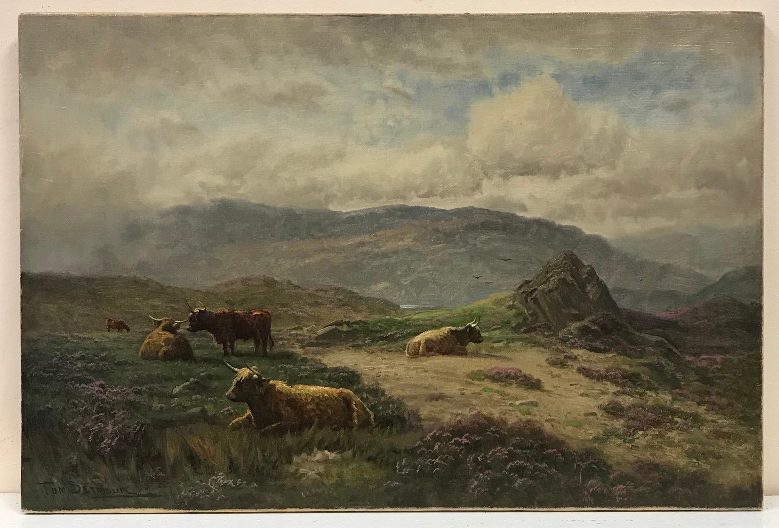Raffinato dipinto a olio scozzese vittoriano Highland Cattle Misty Mountain Landscape (Paesaggio montano nebbioso) - Painting di Tom Seymour
